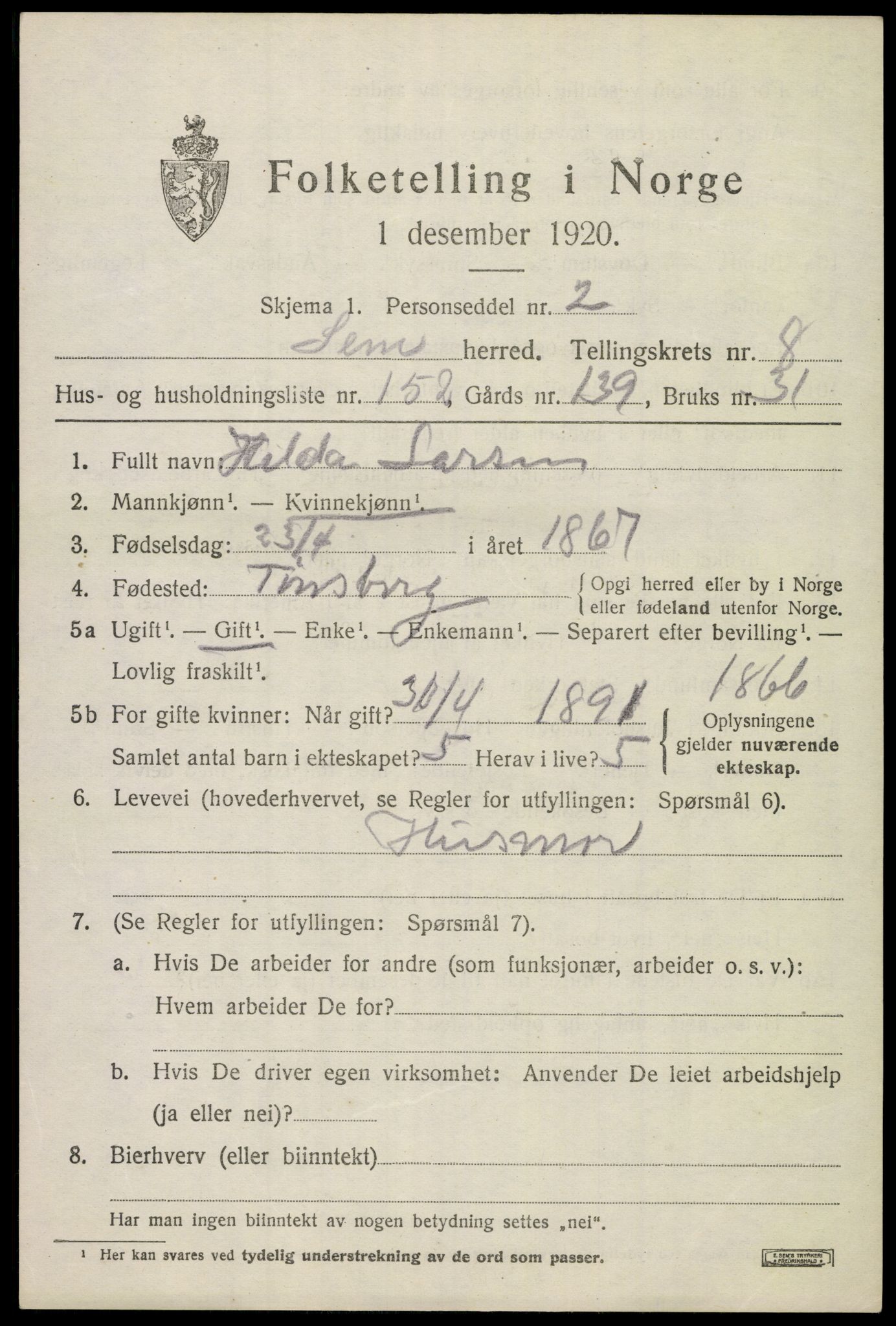 SAKO, 1920 census for Sem, 1920, p. 12553