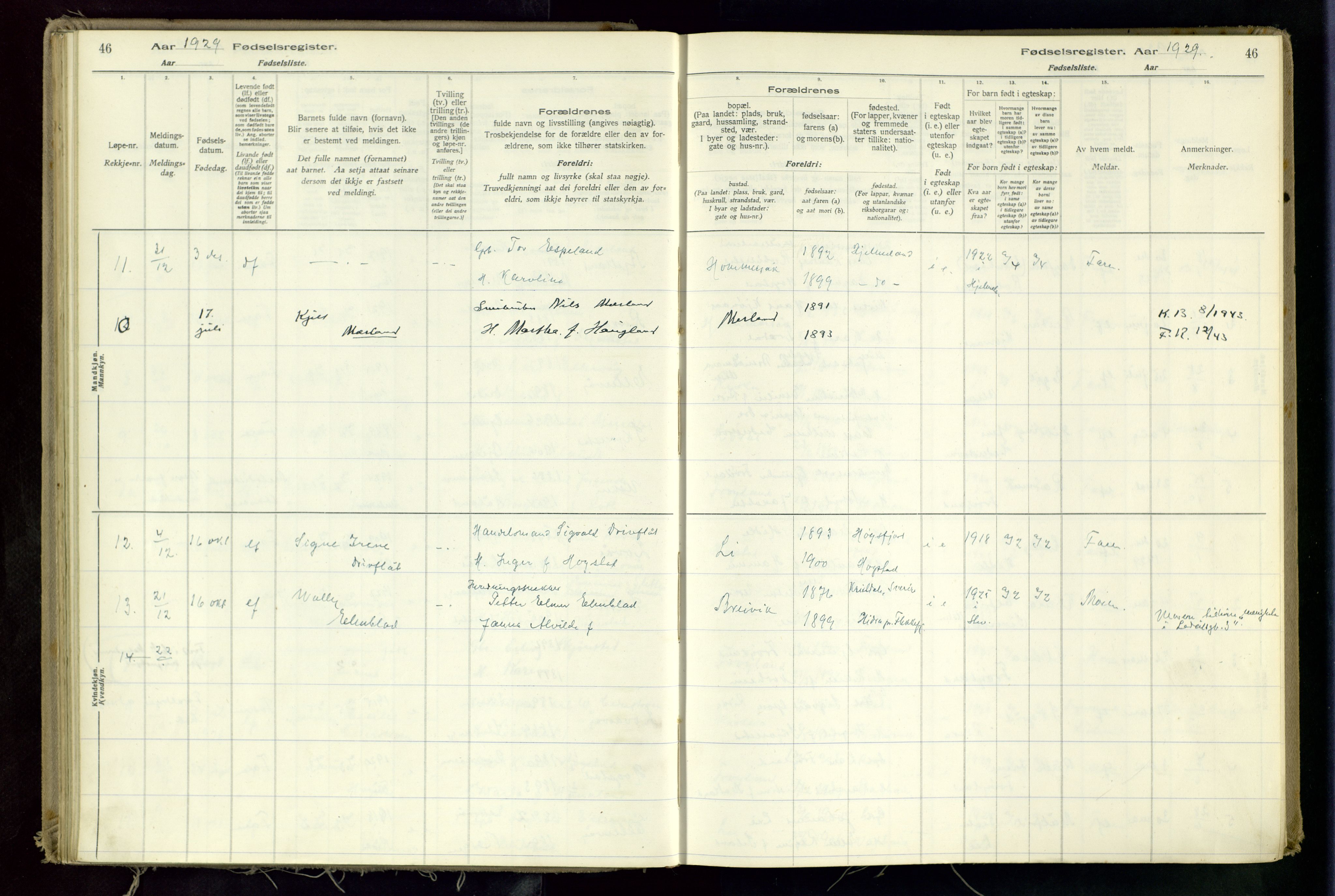 Hetland sokneprestkontor, AV/SAST-A-101826/70/704BA/L0002: Birth register no. 2, 1916-1968, p. 46