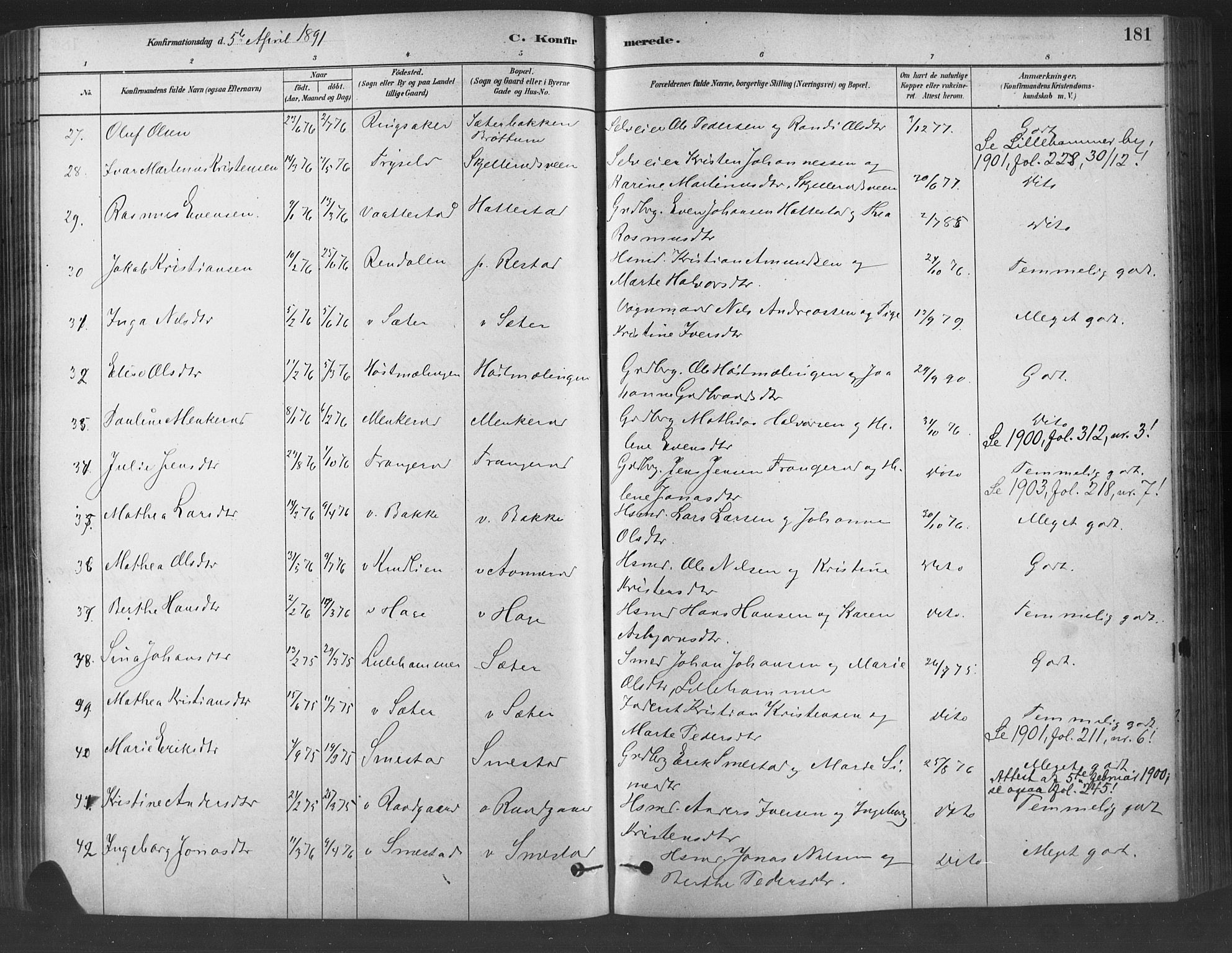 Fåberg prestekontor, AV/SAH-PREST-086/H/Ha/Haa/L0009: Parish register (official) no. 9, 1879-1898, p. 181