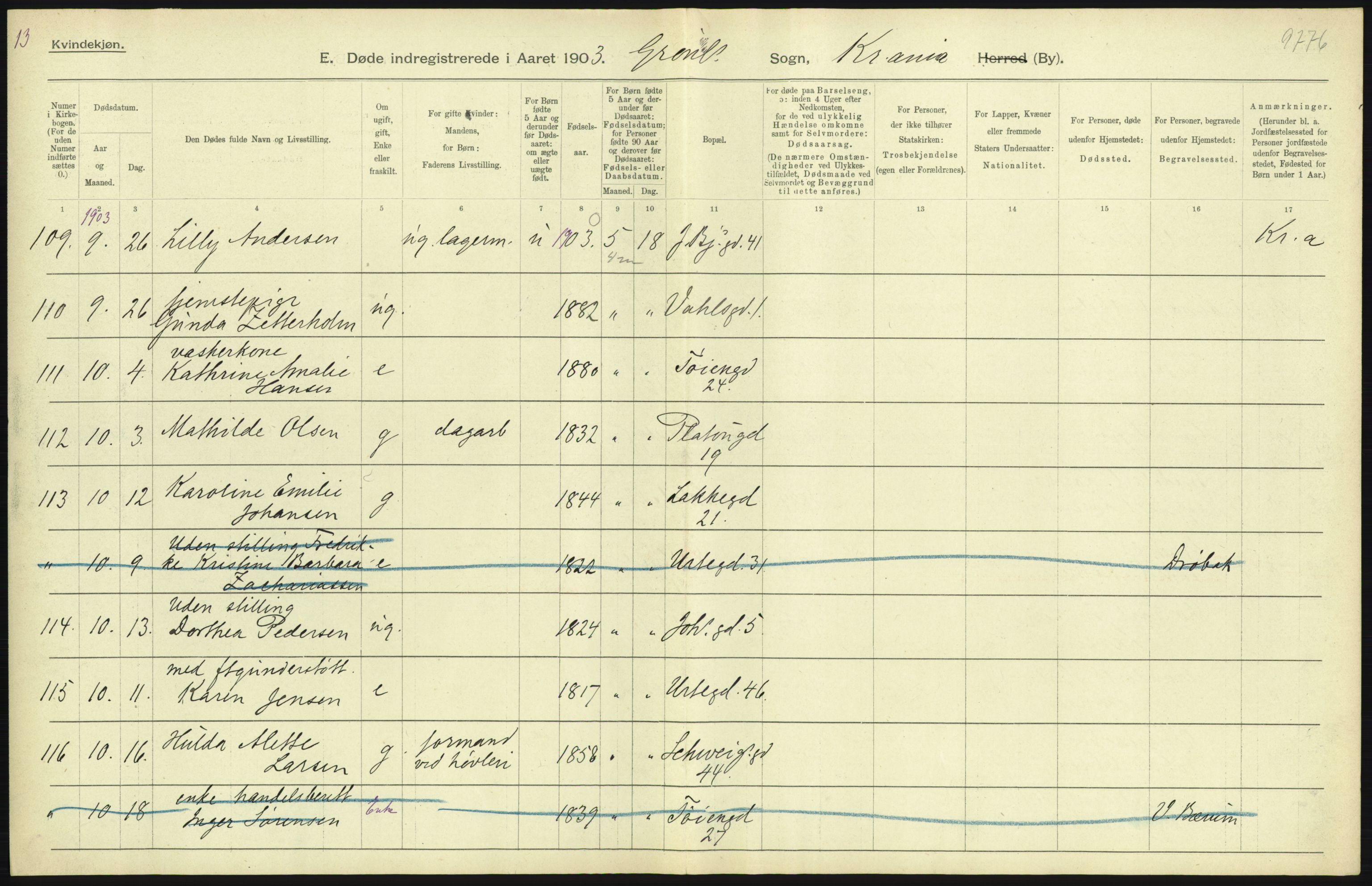 Statistisk sentralbyrå, Sosiodemografiske emner, Befolkning, AV/RA-S-2228/D/Df/Dfa/Dfaa/L0004: Kristiania: Gifte, døde, 1903, p. 401