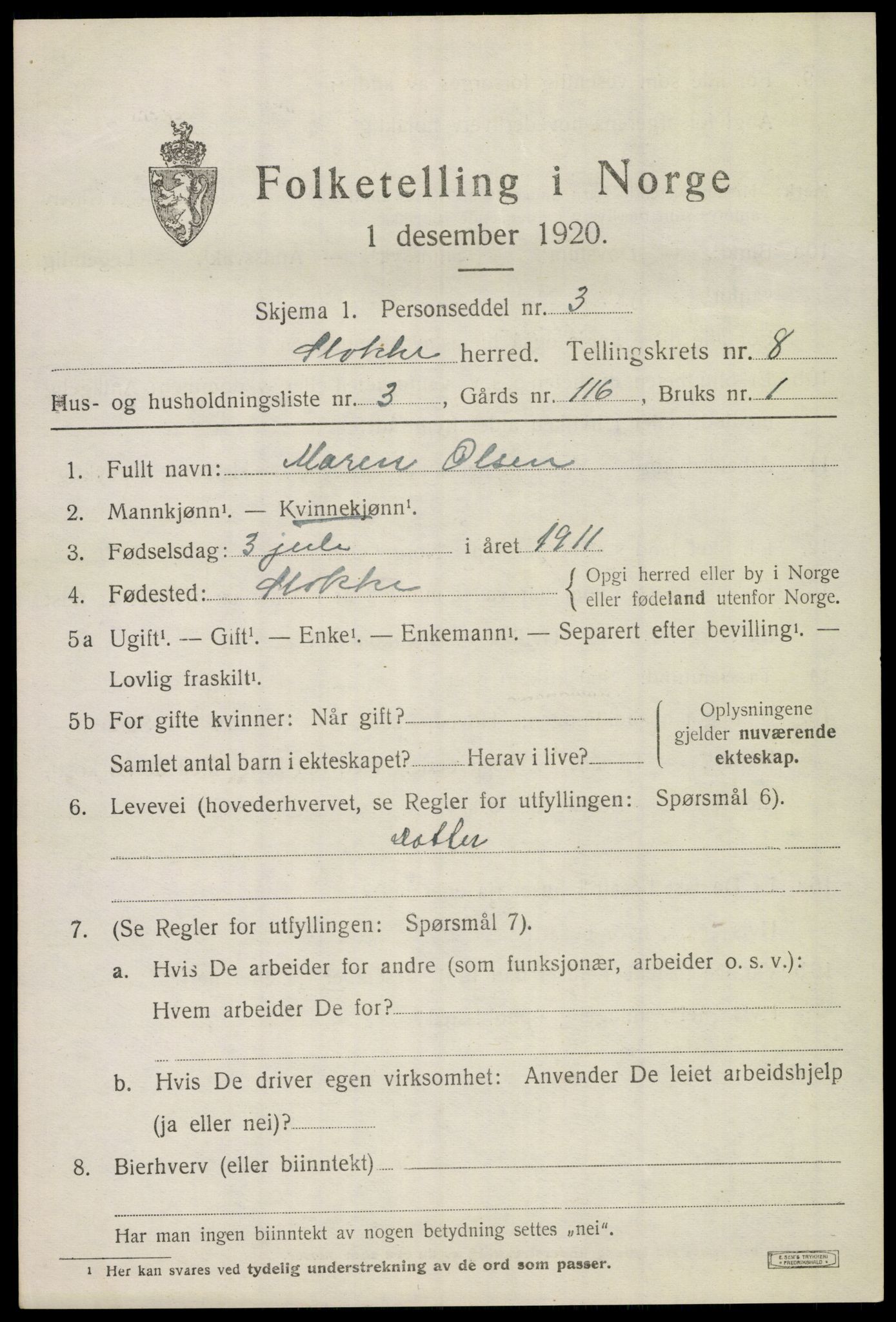 SAKO, 1920 census for Stokke, 1920, p. 9324
