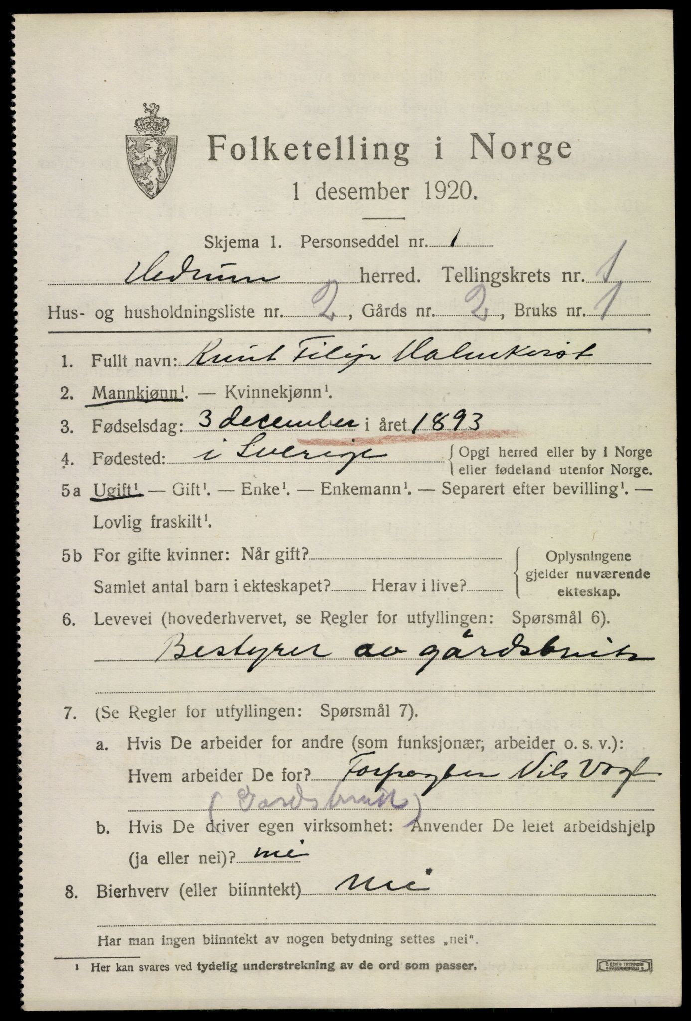 SAKO, 1920 census for Hedrum, 1920, p. 1807