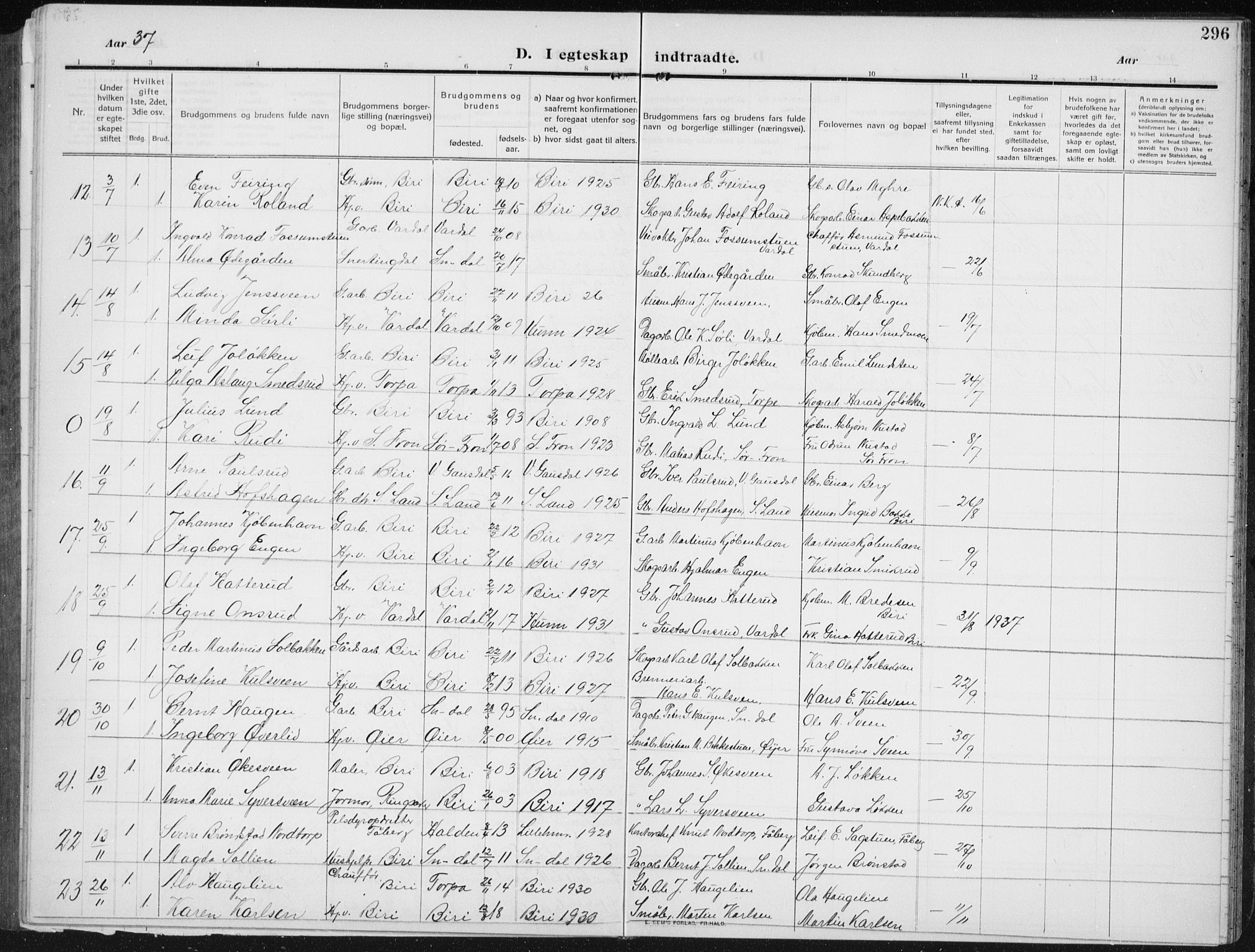 Biri prestekontor, SAH/PREST-096/H/Ha/Hab/L0006: Parish register (copy) no. 6, 1909-1938, p. 296