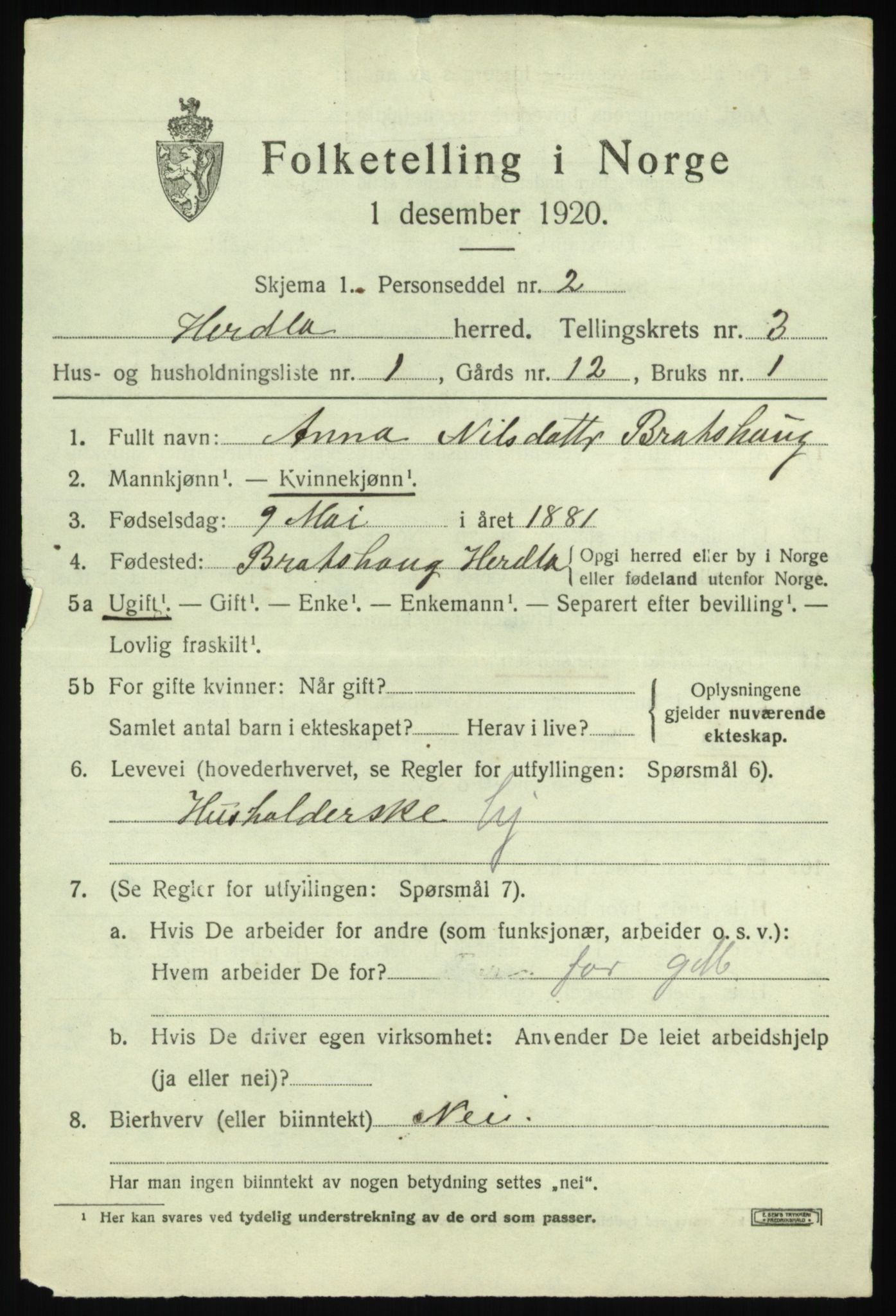 SAB, 1920 census for Herdla, 1920, p. 2853