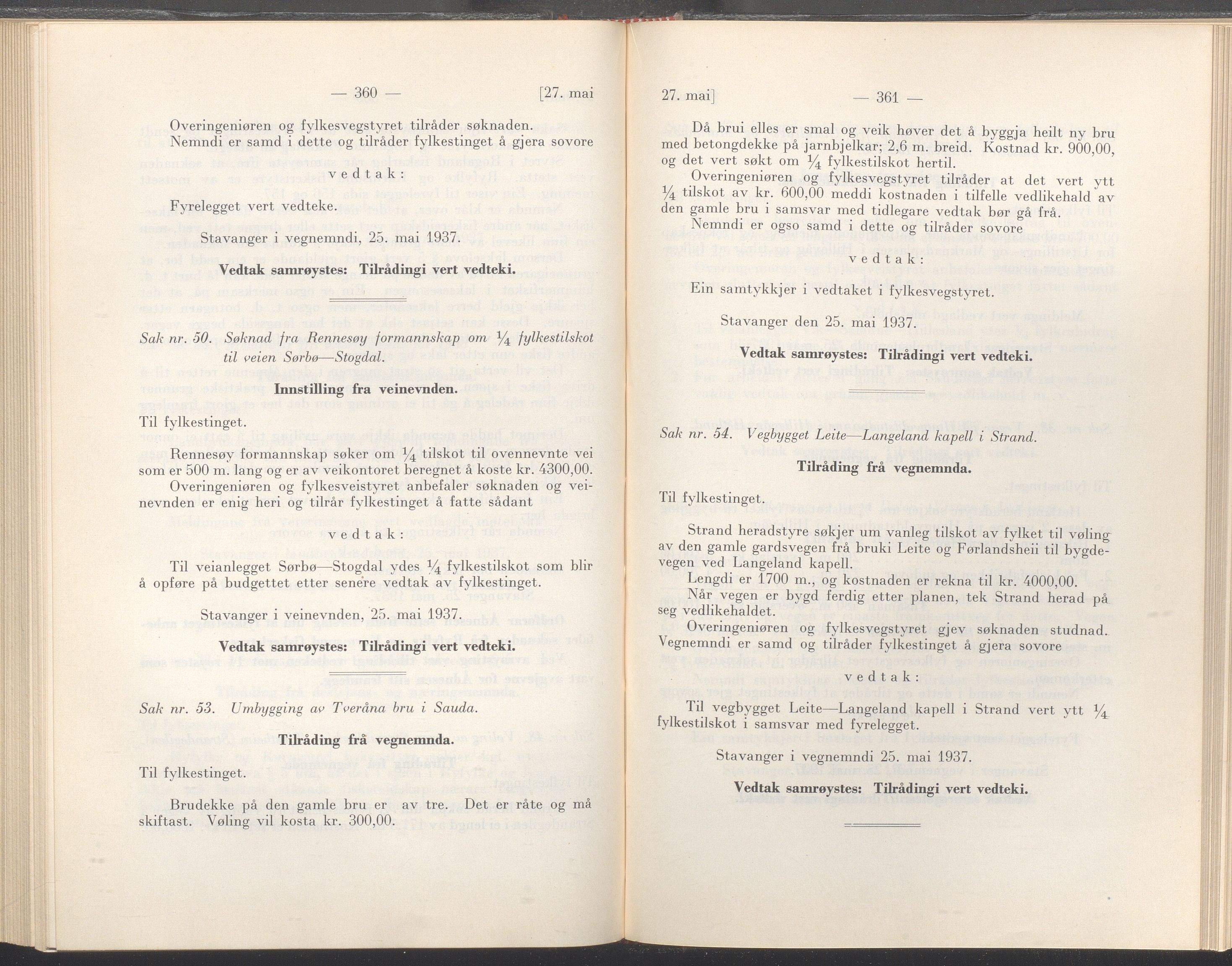 Rogaland fylkeskommune - Fylkesrådmannen , IKAR/A-900/A/Aa/Aaa/L0056: Møtebok , 1937, p. 360-361