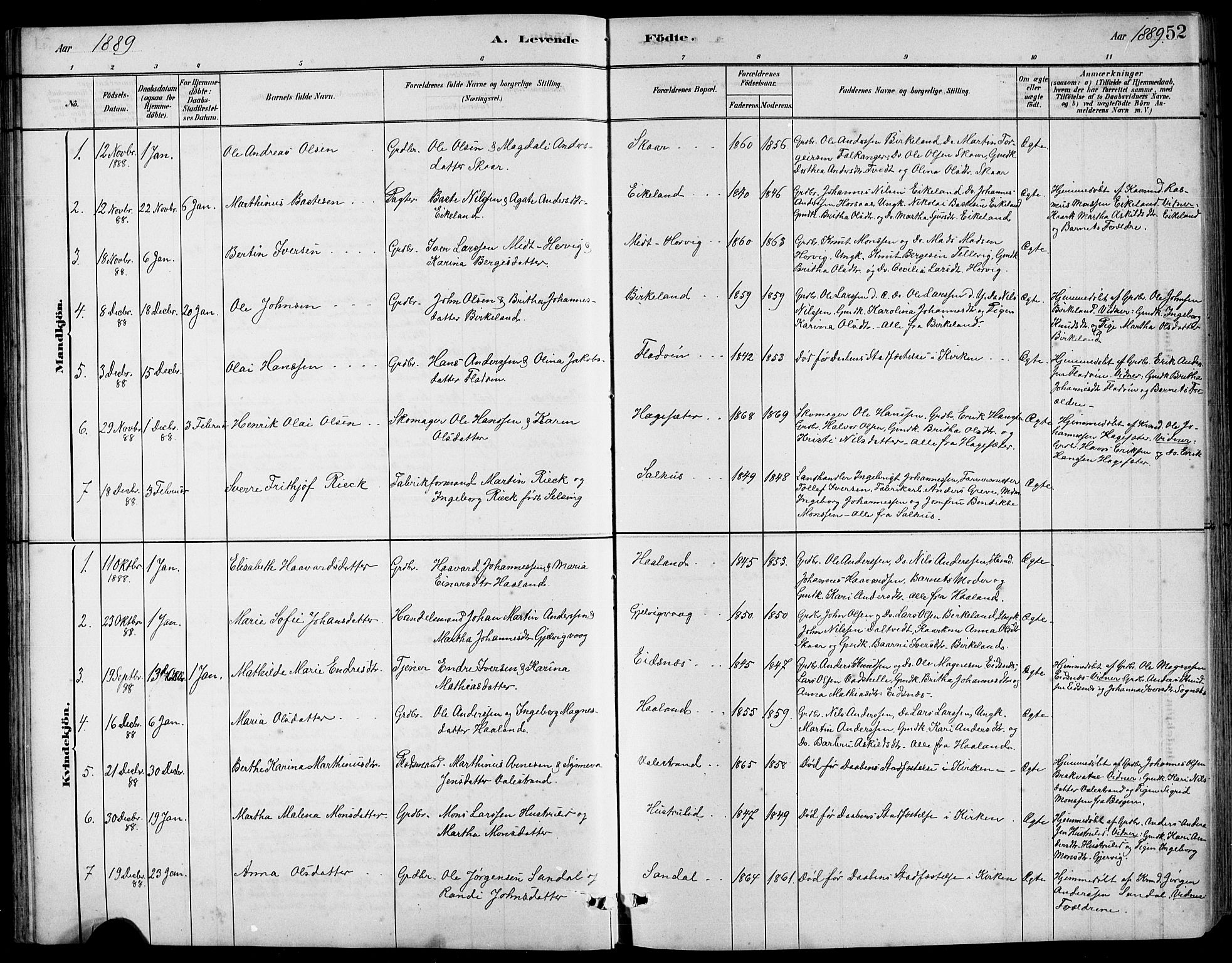 Hamre sokneprestembete, SAB/A-75501/H/Ha/Hab: Parish register (copy) no. B 3, 1881-1898, p. 52
