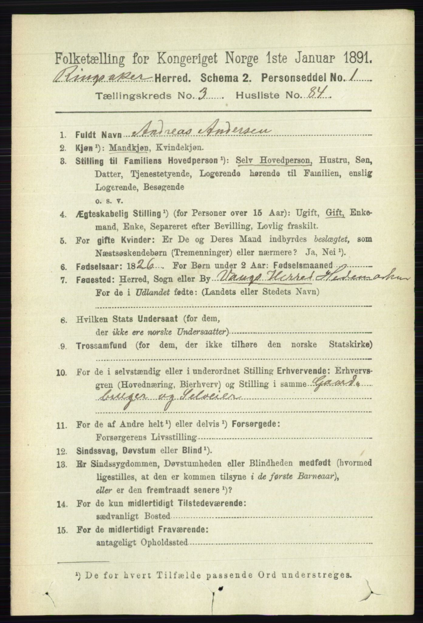 RA, 1891 census for 0412 Ringsaker, 1891, p. 1668