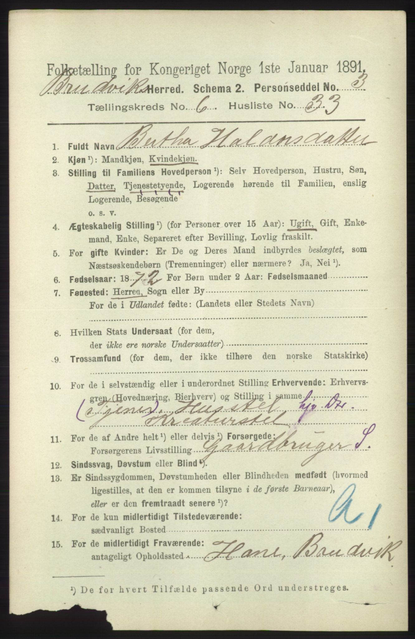 RA, 1891 census for 1251 Bruvik, 1891, p. 2003