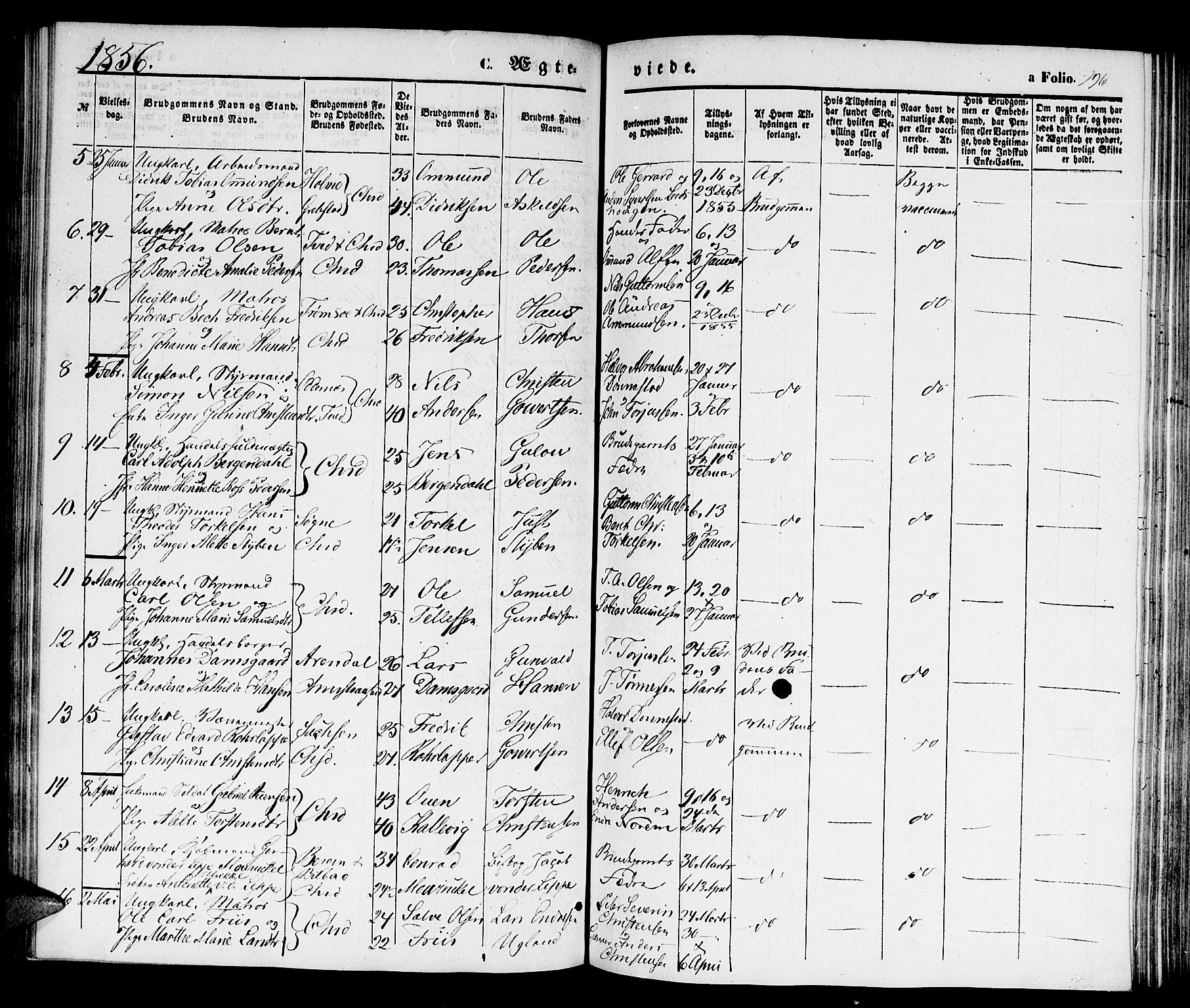 Kristiansand domprosti, SAK/1112-0006/F/Fb/L0011: Parish register (copy) no. B 11, 1851-1861, p. 196