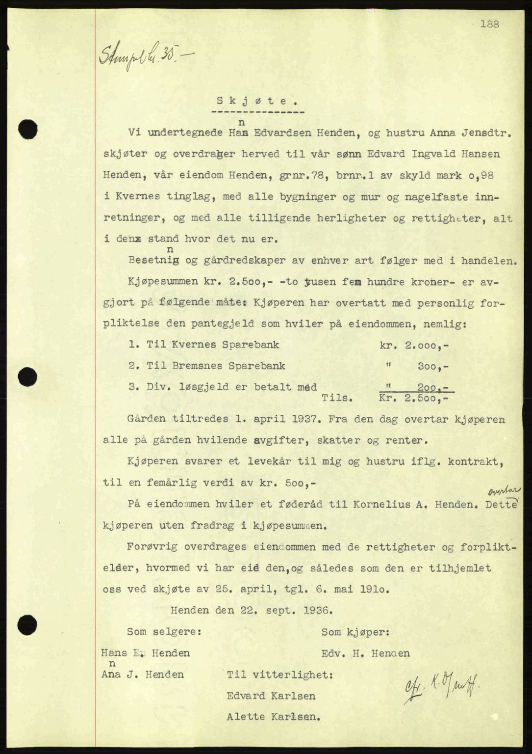 Nordmøre sorenskriveri, AV/SAT-A-4132/1/2/2Ca: Mortgage book no. A80, 1936-1937, Diary no: : 2243/1936