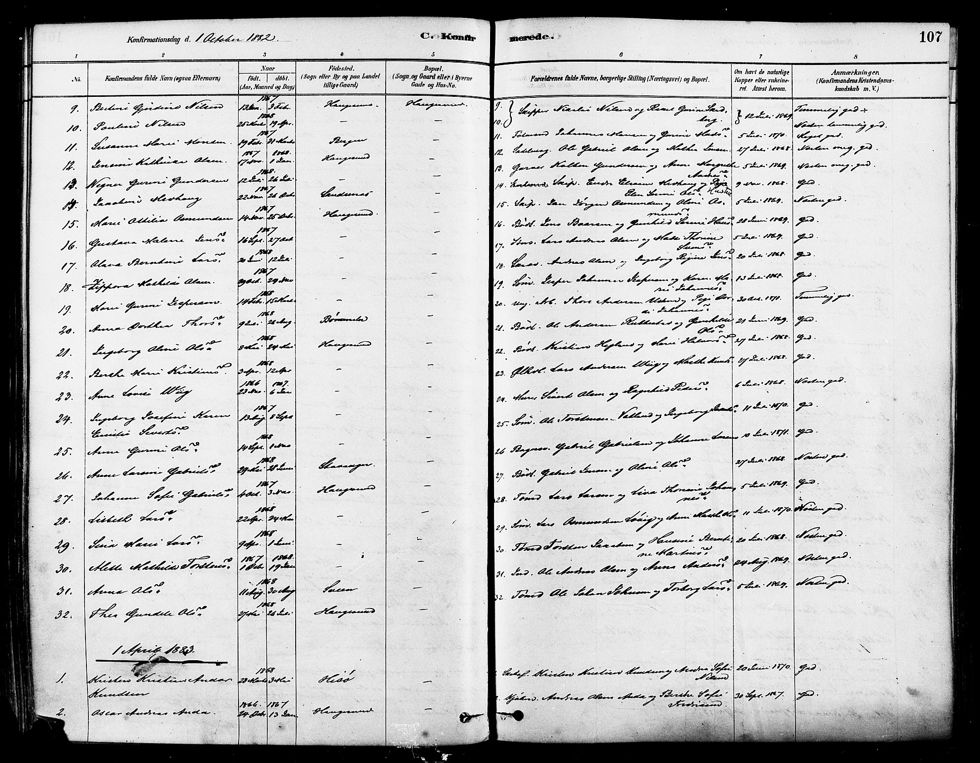 Haugesund sokneprestkontor, AV/SAST-A -101863/H/Ha/Haa/L0001: Parish register (official) no. A 1, 1878-1885, p. 107