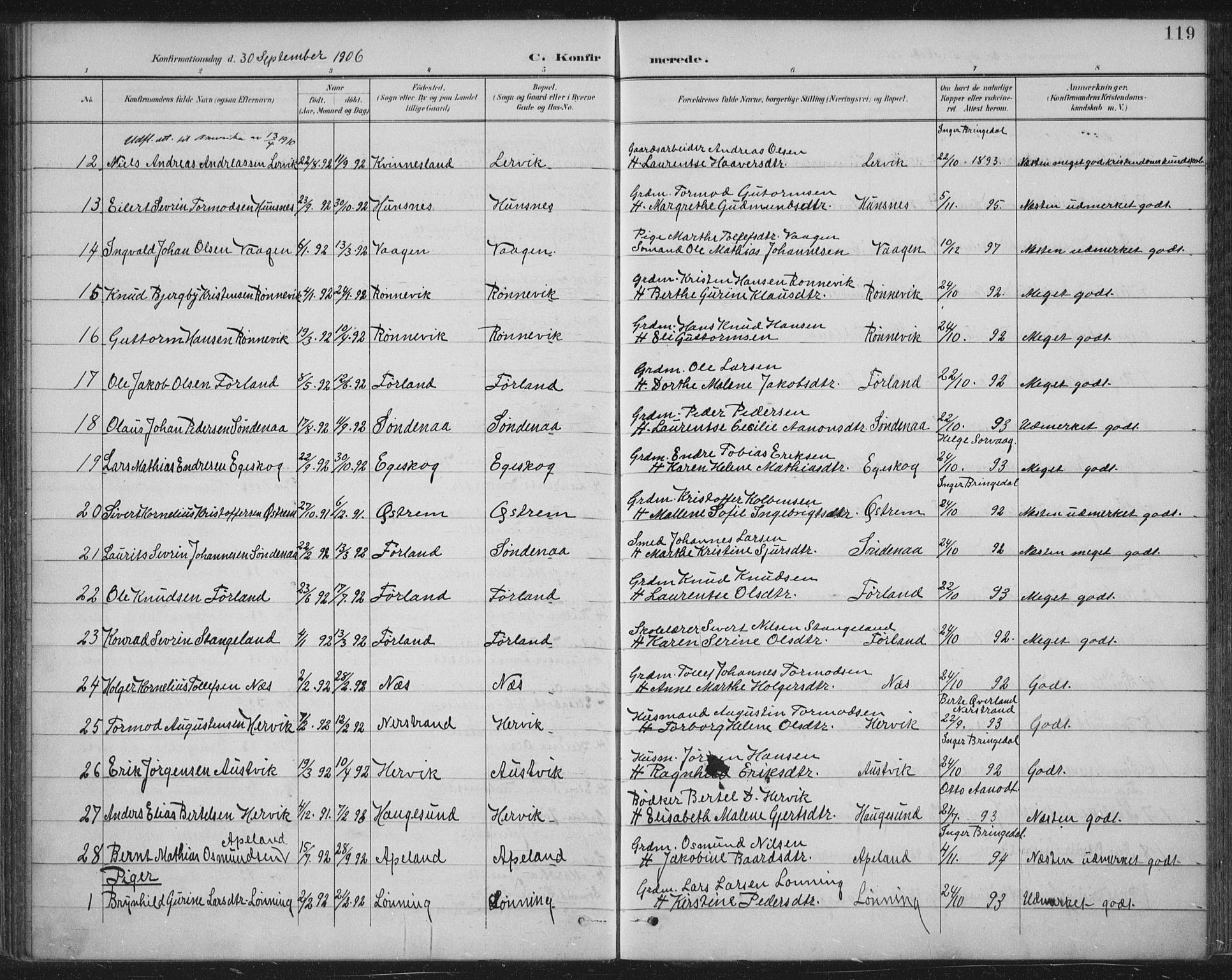 Tysvær sokneprestkontor, AV/SAST-A -101864/H/Ha/Haa/L0008: Parish register (official) no. A 8, 1897-1918, p. 119