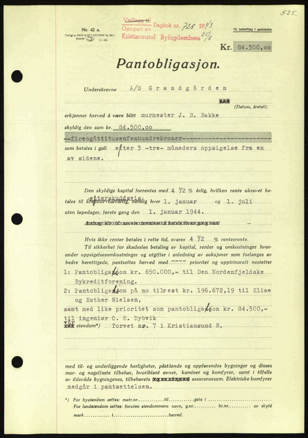 Kristiansund byfogd, SAT/A-4587/A/27: Mortgage book no. 36, 1942-1943, Diary no: : 728/1943
