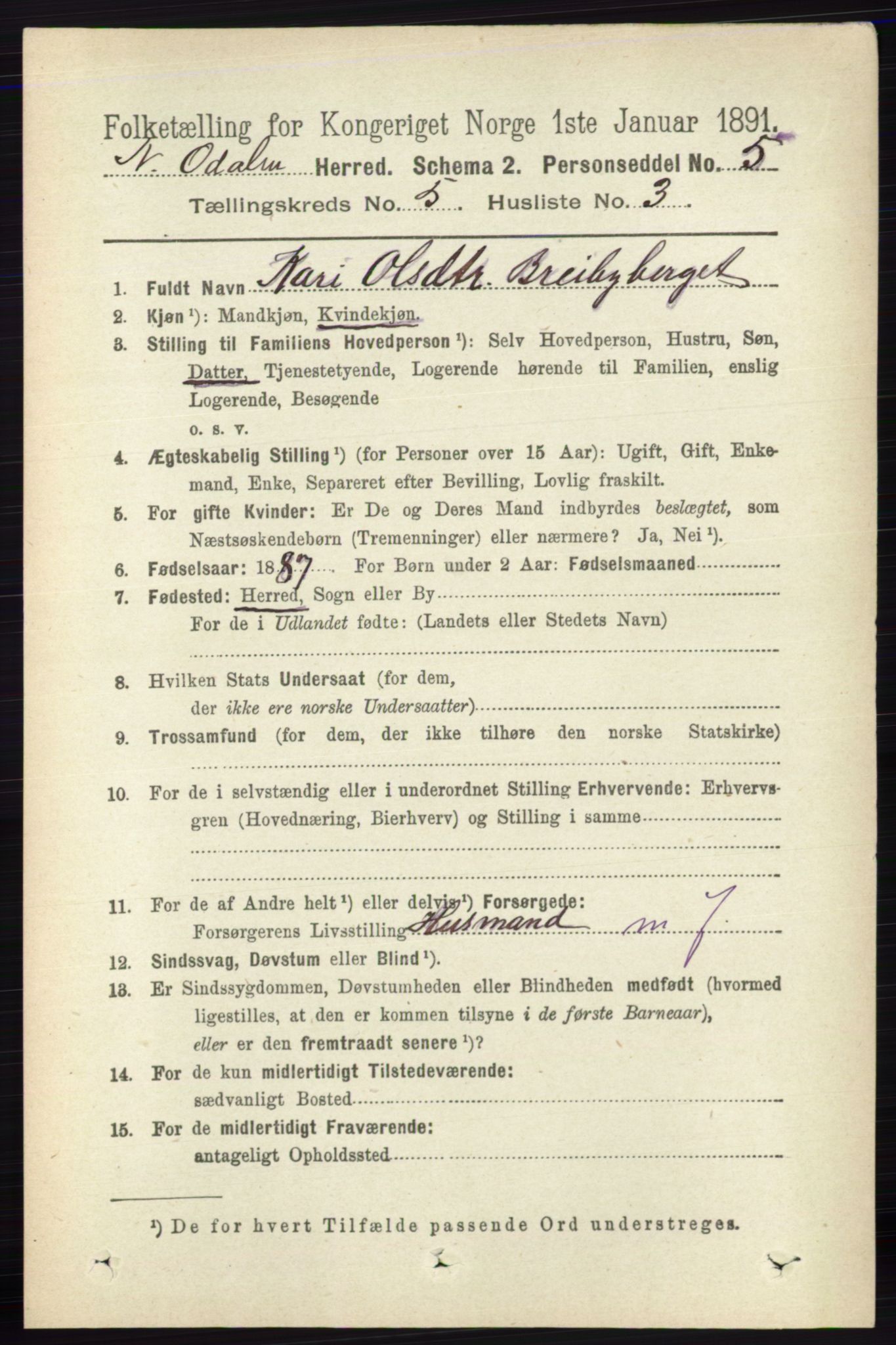 RA, 1891 census for 0418 Nord-Odal, 1891, p. 1560