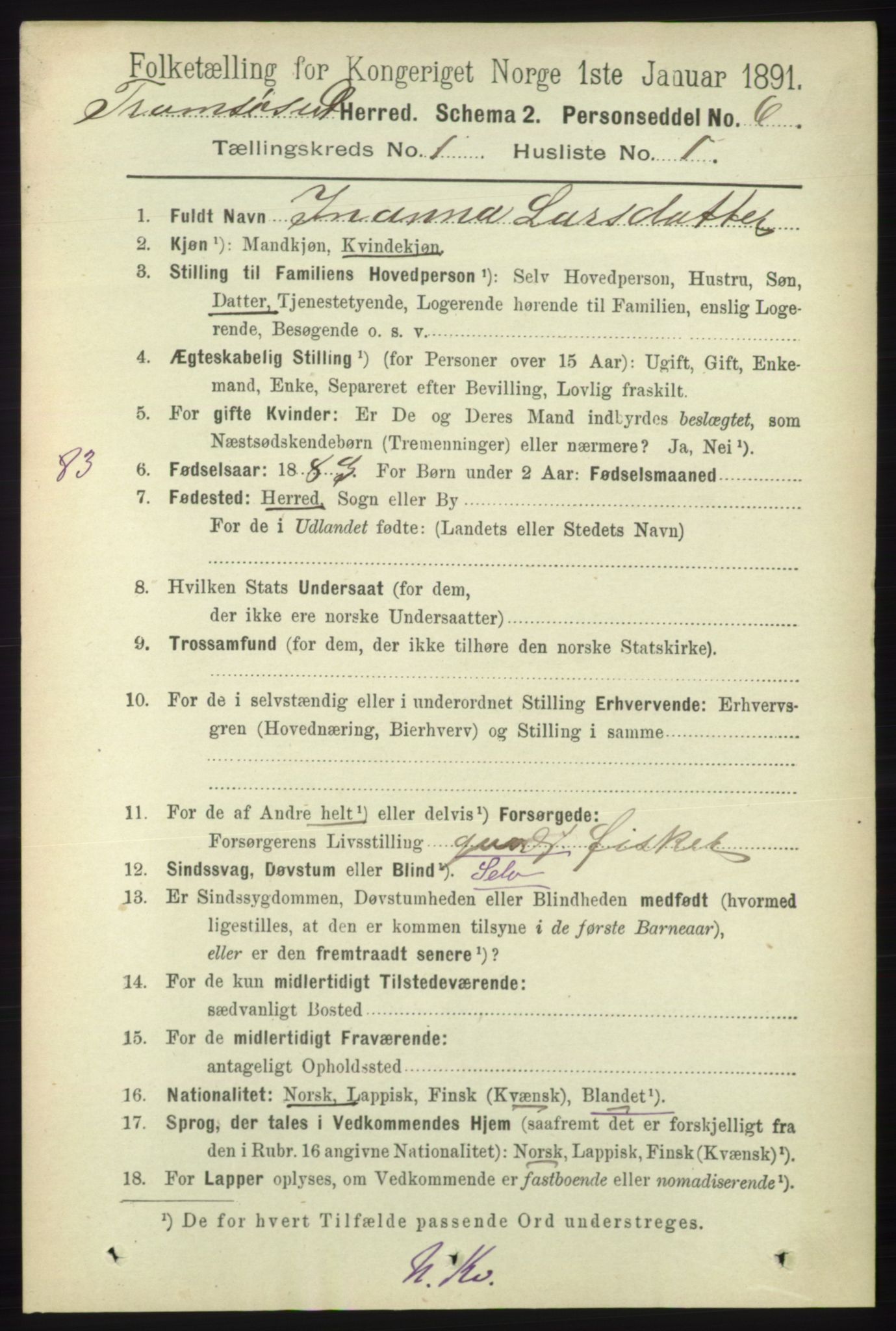 RA, 1891 census for 1934 Tromsøysund, 1891, p. 87