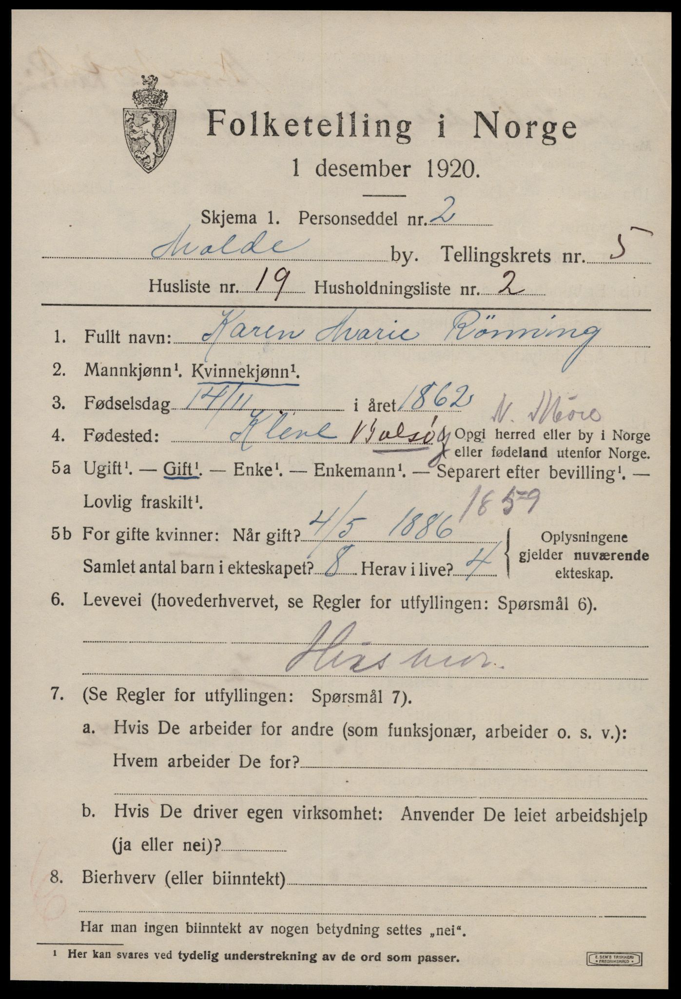 SAT, 1920 census for Molde, 1920, p. 7013