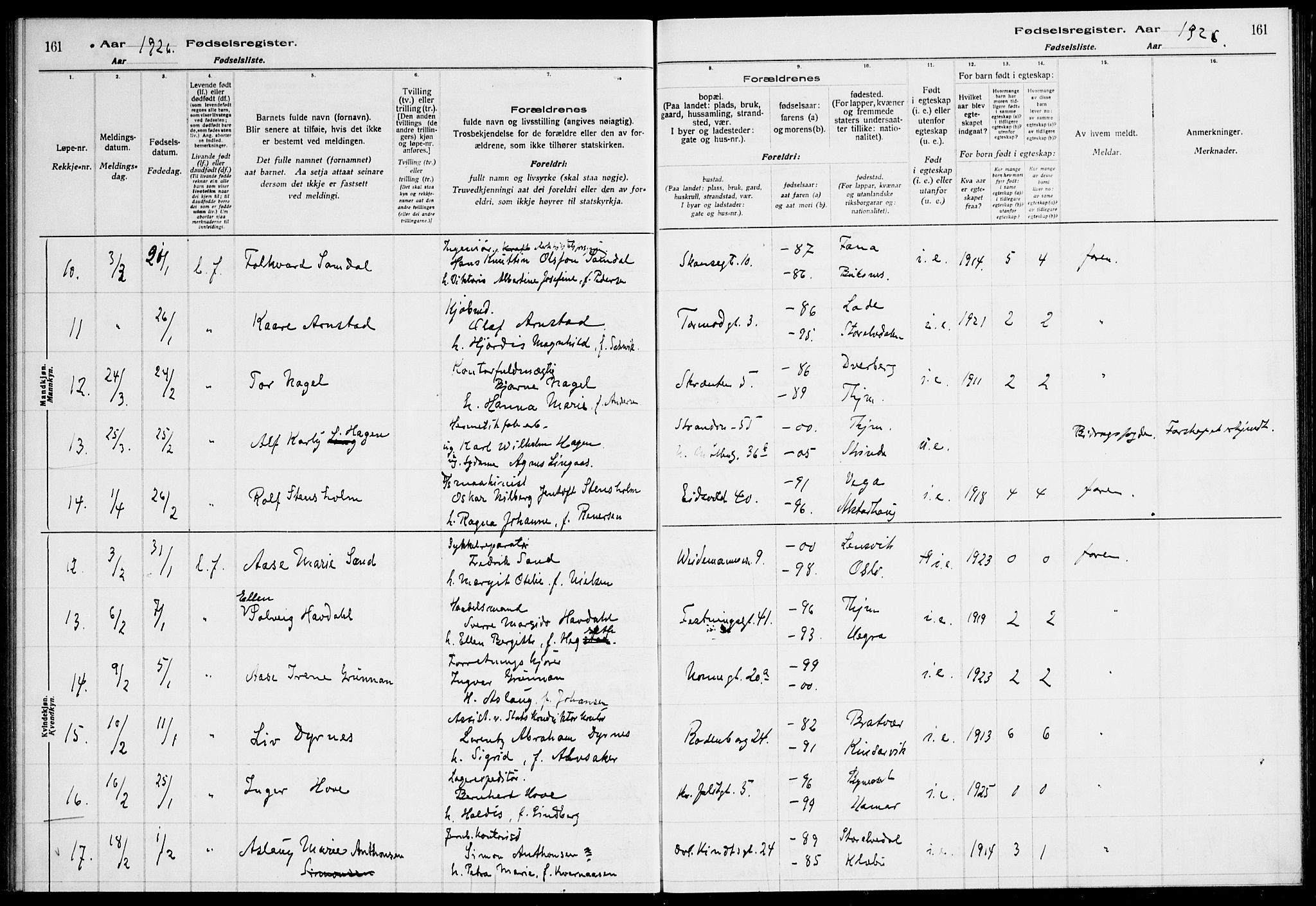 Ministerialprotokoller, klokkerbøker og fødselsregistre - Sør-Trøndelag, AV/SAT-A-1456/604/L0233: Birth register no. 604.II.4.2, 1920-1928, p. 161