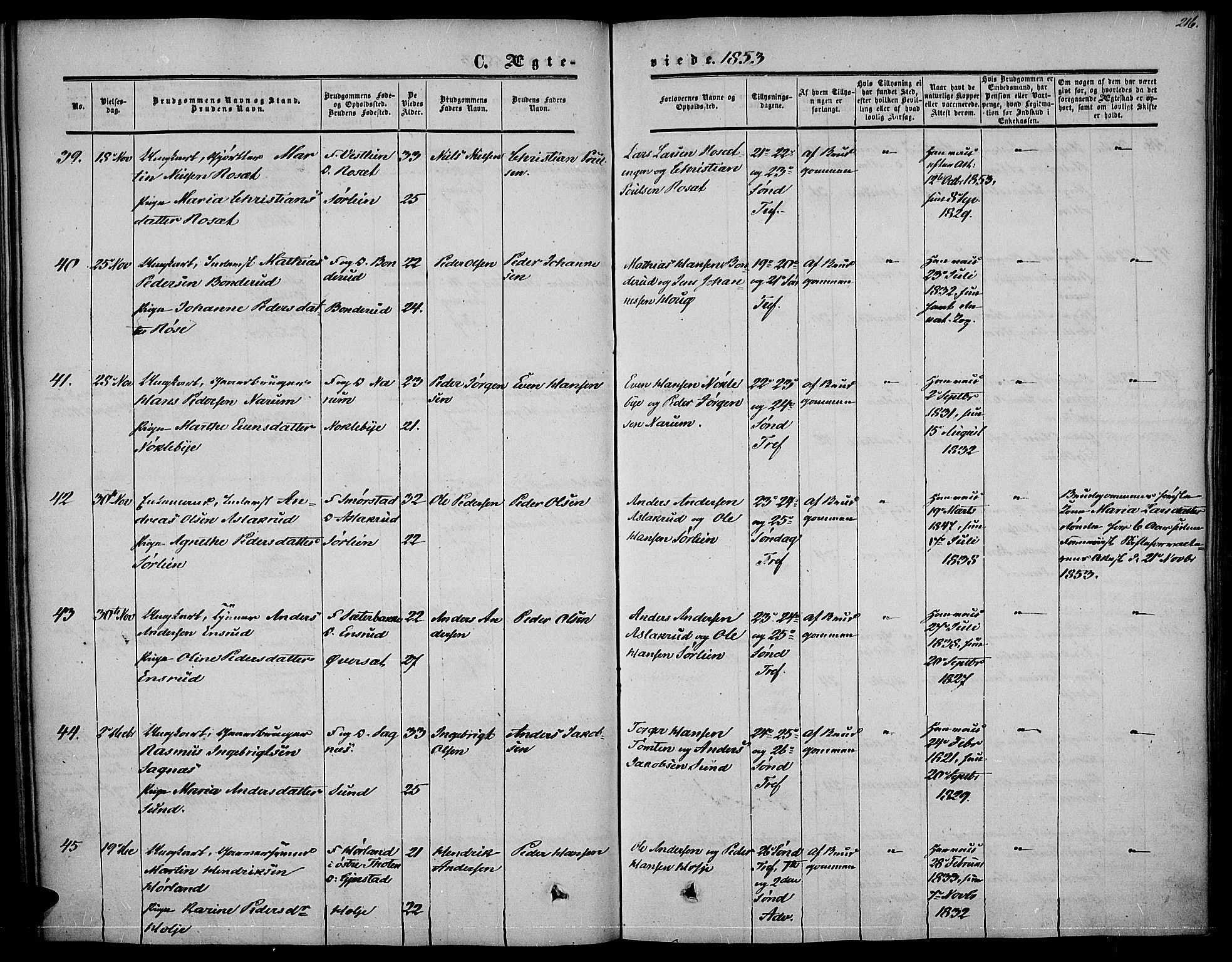 Vestre Toten prestekontor, AV/SAH-PREST-108/H/Ha/Haa/L0005: Parish register (official) no. 5, 1850-1855, p. 216