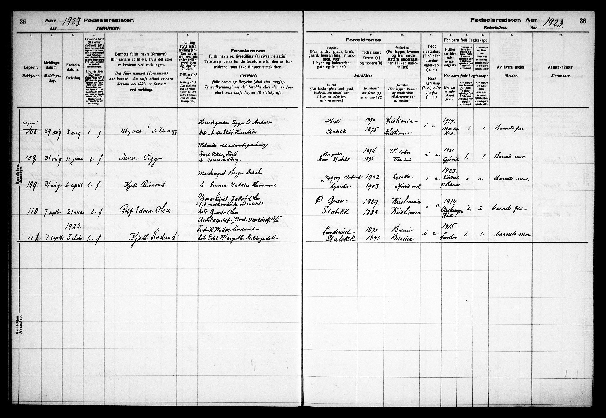Østre Bærum prestekontor Kirkebøker, AV/SAO-A-10887/J/Ja/L0002: Birth register no. 2, 1922-1928, p. 36