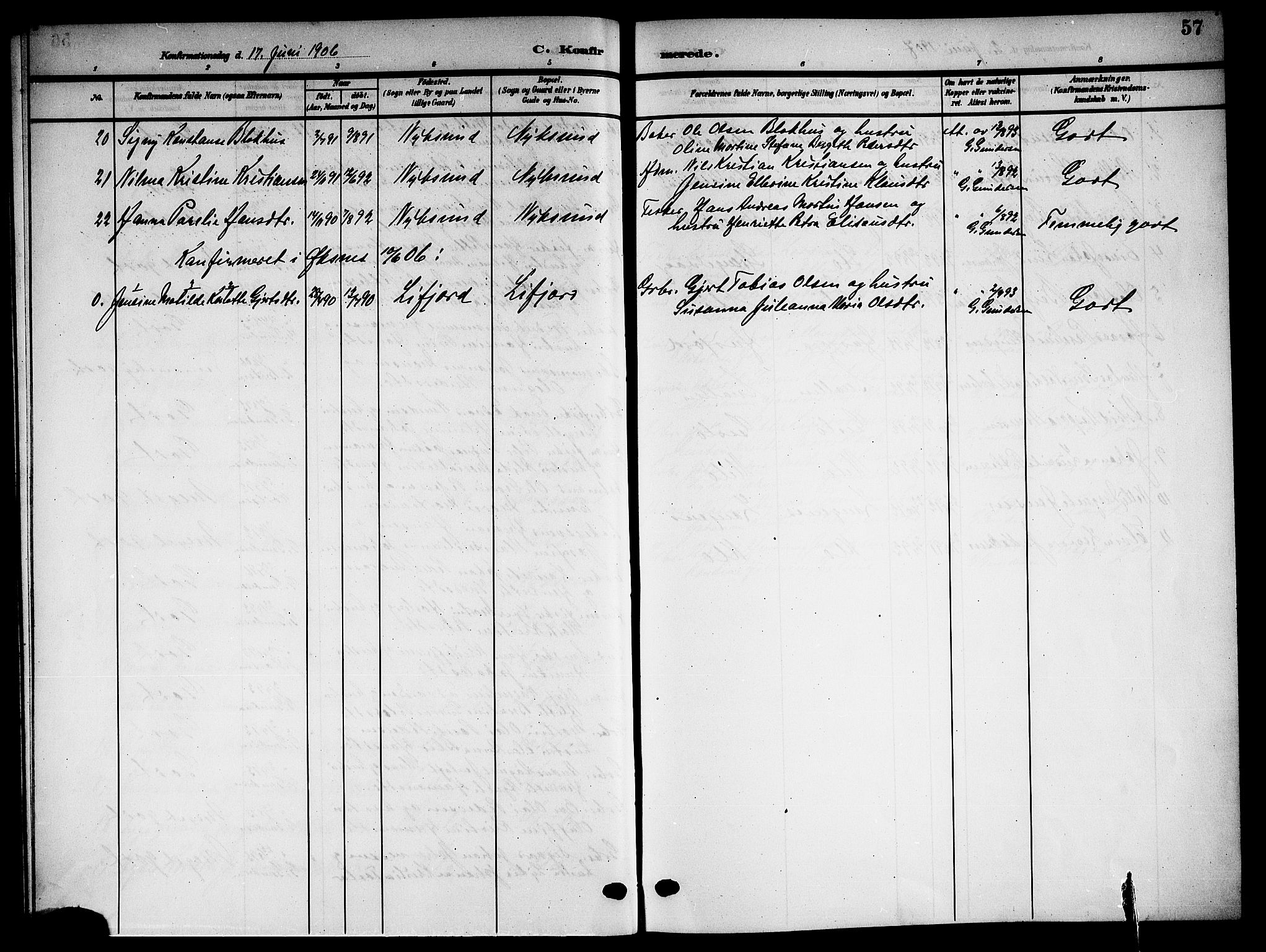 Ministerialprotokoller, klokkerbøker og fødselsregistre - Nordland, AV/SAT-A-1459/894/L1361: Parish register (copy) no. 894C04, 1905-1922, p. 57