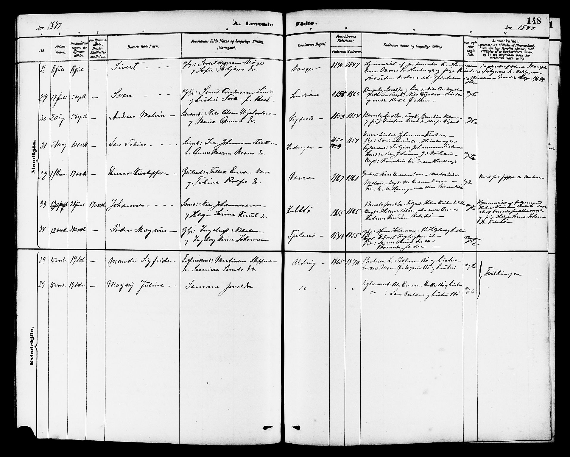 Avaldsnes sokneprestkontor, SAST/A -101851/H/Ha/Hab/L0007: Parish register (copy) no. B 7, 1885-1909, p. 148