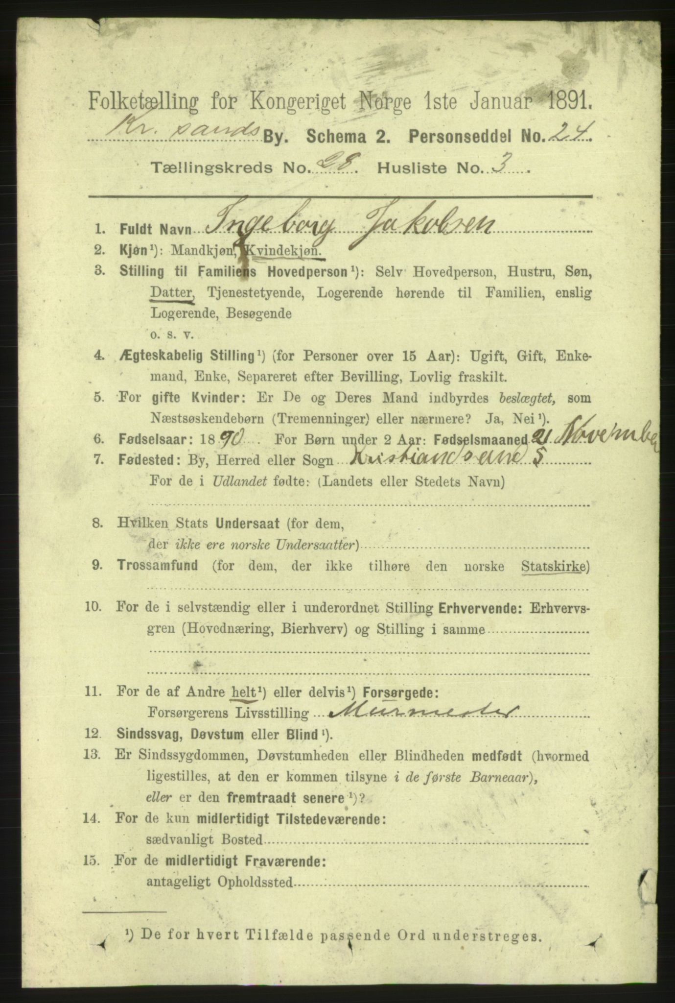 RA, 1891 census for 1001 Kristiansand, 1891, p. 9526