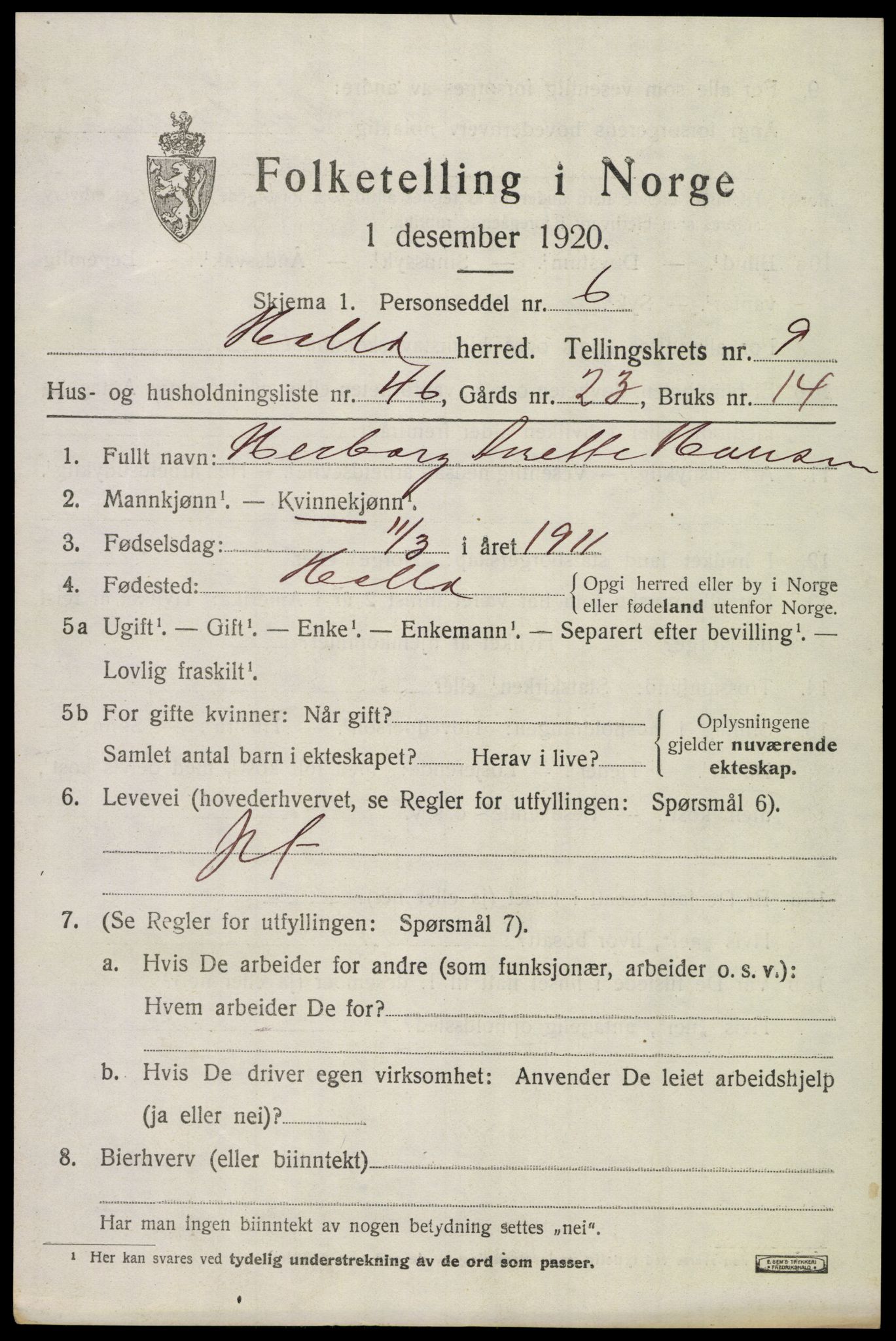 SAKO, 1920 census for Holla, 1920, p. 6023