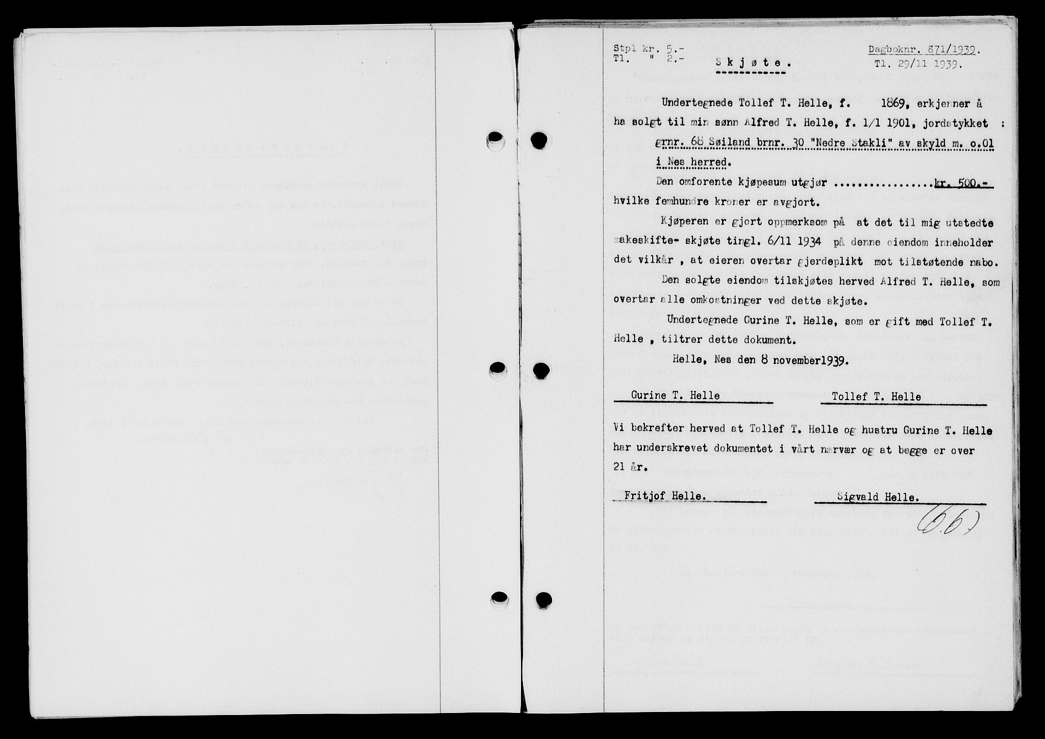 Flekkefjord sorenskriveri, AV/SAK-1221-0001/G/Gb/Gba/L0055: Mortgage book no. A-3, 1939-1939, Diary no: : 871/1939