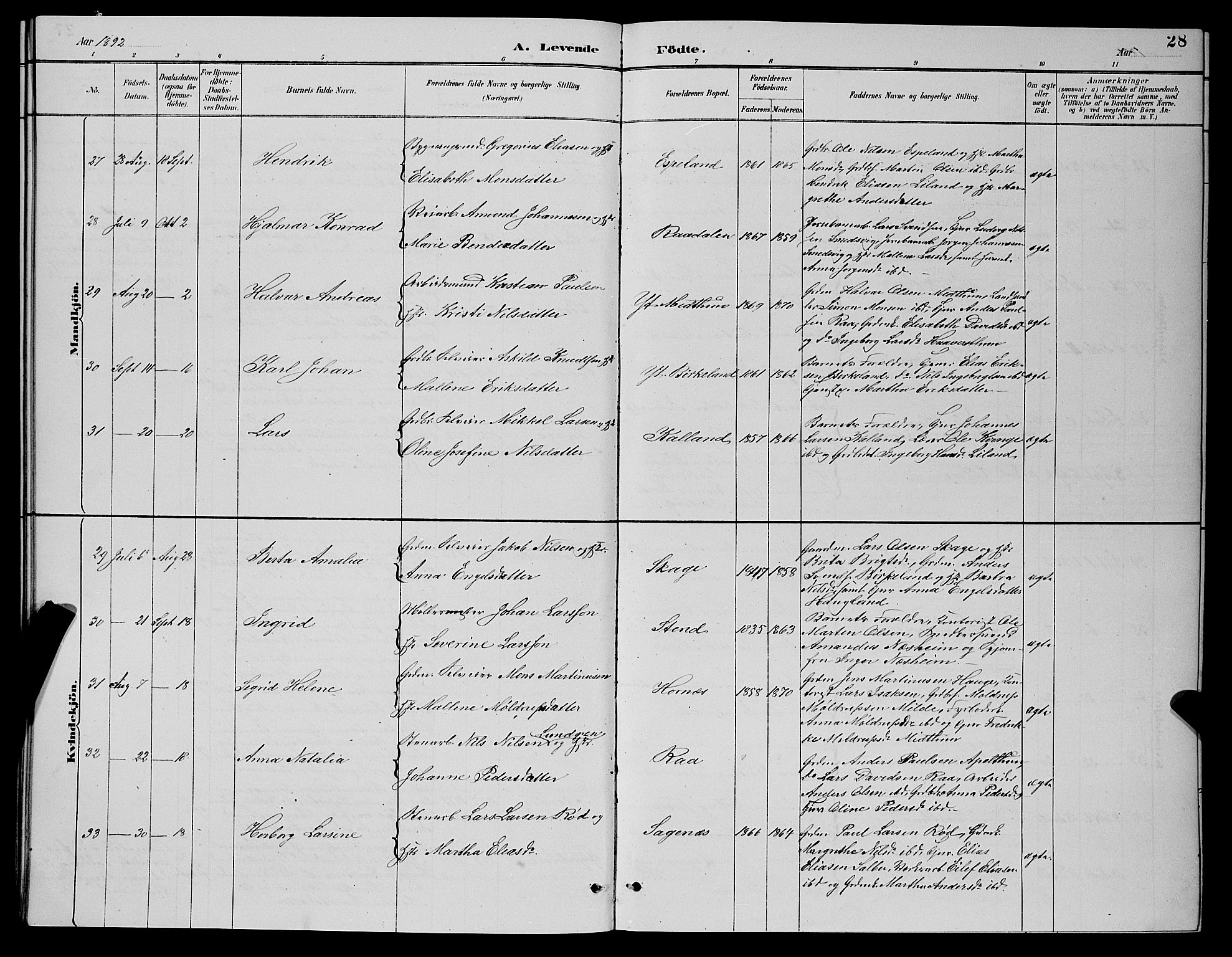 Fana Sokneprestembete, AV/SAB-A-75101/H/Hab/Haba/L0002: Parish register (copy) no. A 2, 1889-1895, p. 28