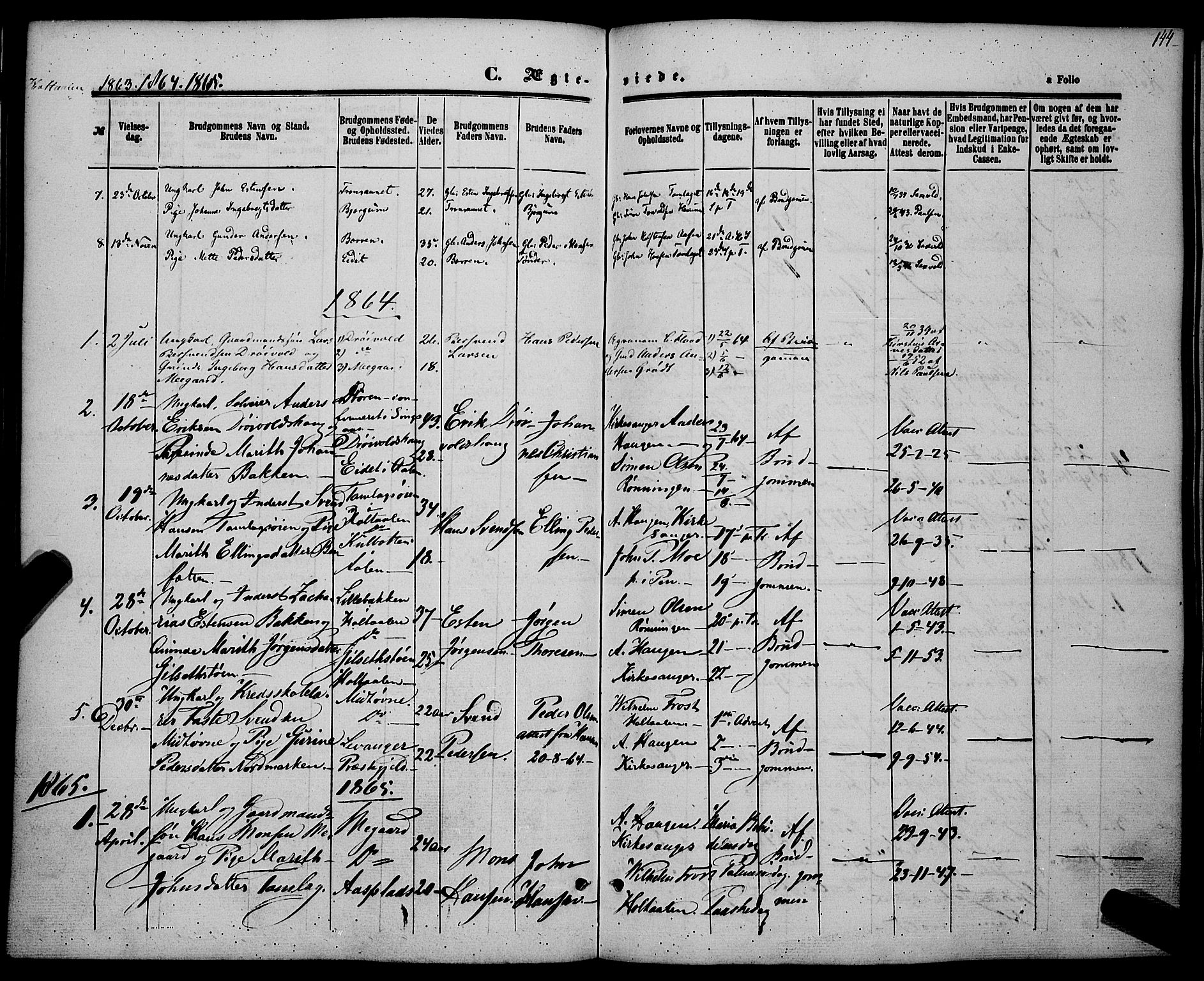 Ministerialprotokoller, klokkerbøker og fødselsregistre - Sør-Trøndelag, SAT/A-1456/685/L0966: Parish register (official) no. 685A07 /1, 1860-1869, p. 144