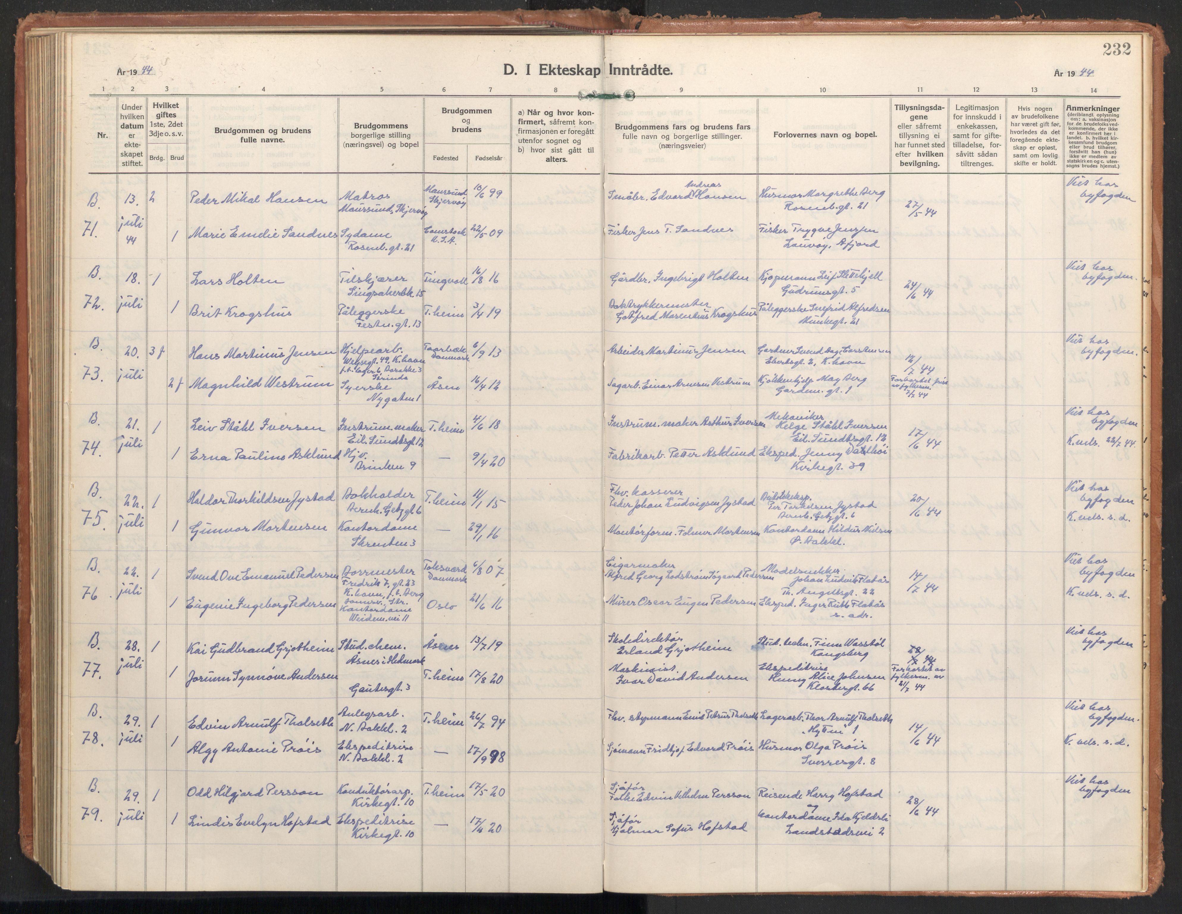 Ministerialprotokoller, klokkerbøker og fødselsregistre - Sør-Trøndelag, AV/SAT-A-1456/604/L0209: Parish register (official) no. 604A29, 1931-1945, p. 232