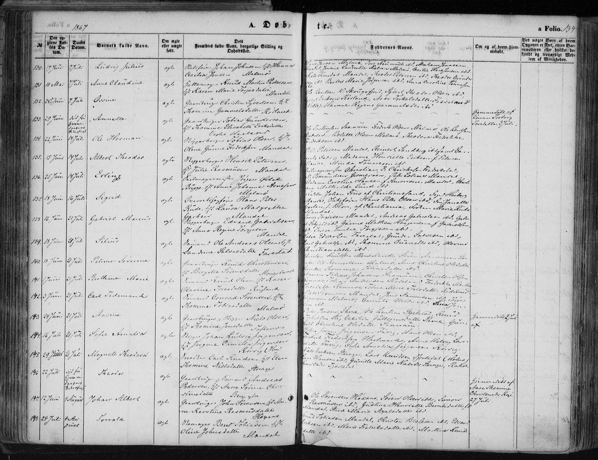 Mandal sokneprestkontor, AV/SAK-1111-0030/F/Fa/Faa/L0014: Parish register (official) no. A 14, 1859-1872, p. 134