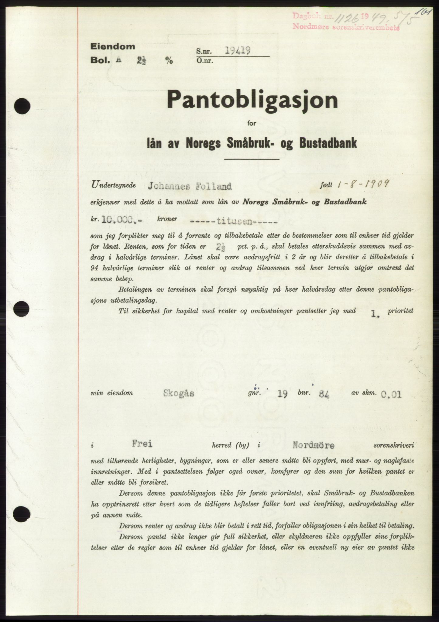 Nordmøre sorenskriveri, AV/SAT-A-4132/1/2/2Ca: Mortgage book no. B101, 1949-1949, Diary no: : 1126/1949