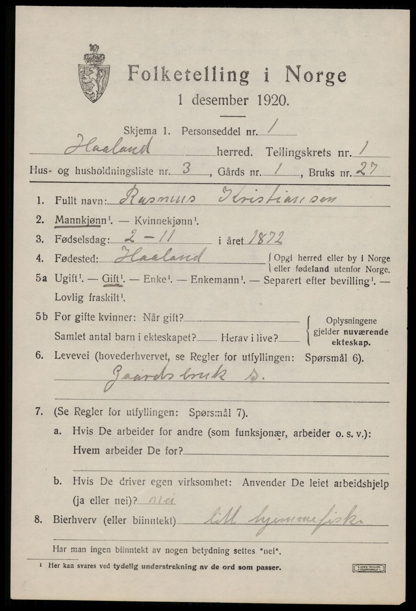 SAST, 1920 census for Håland, 1920, p. 1735