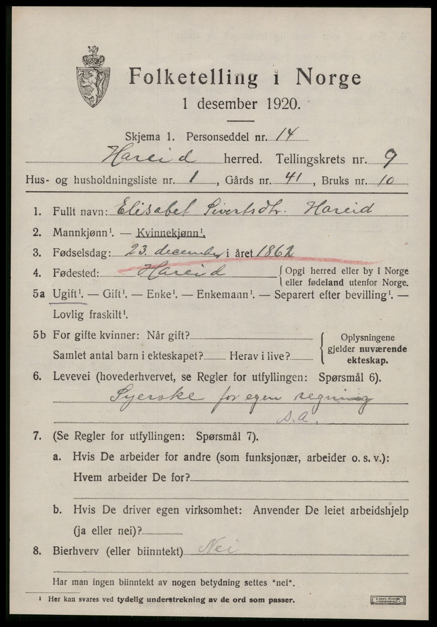 SAT, 1920 census for Hareid, 1920, p. 3185