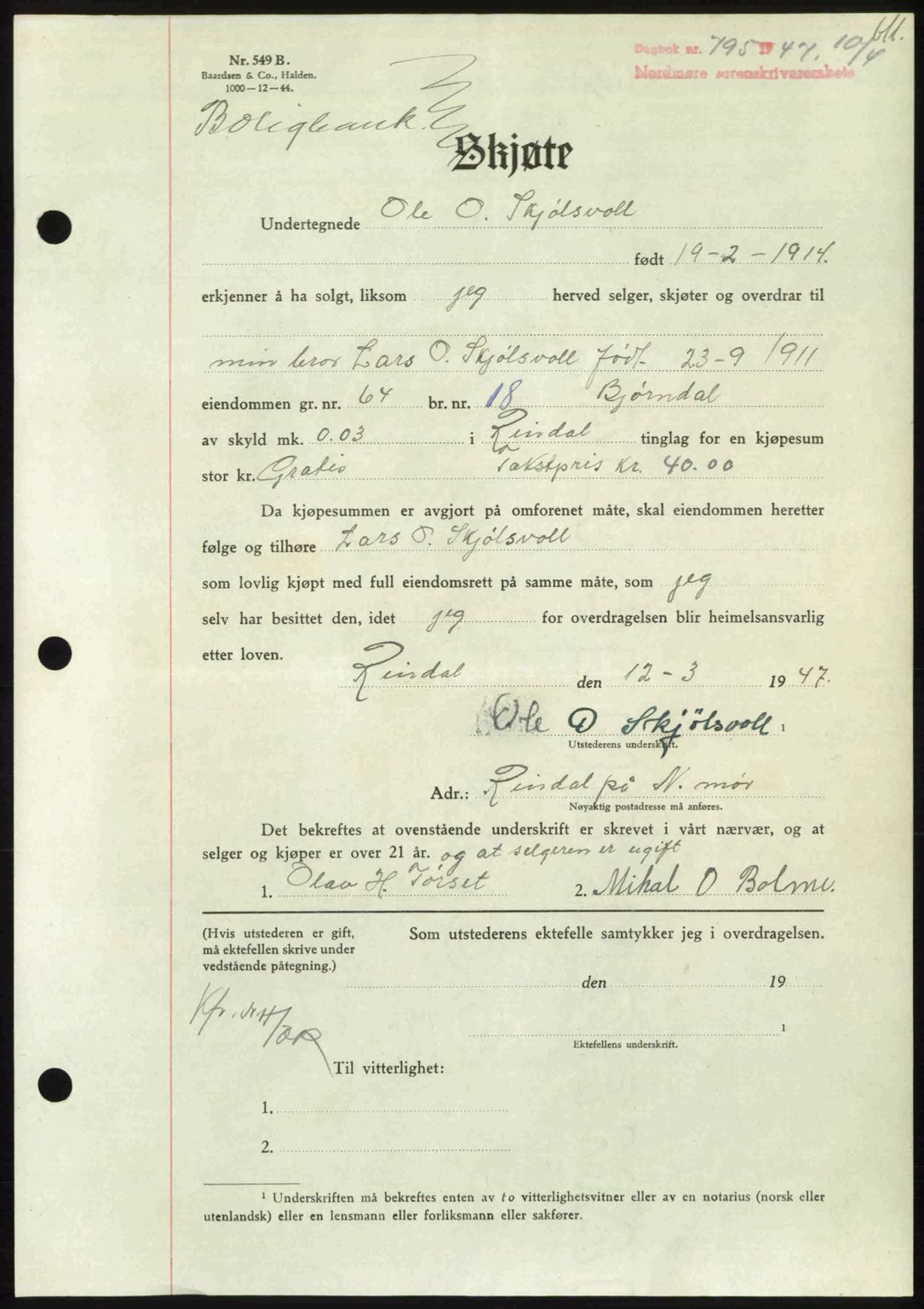 Nordmøre sorenskriveri, AV/SAT-A-4132/1/2/2Ca: Mortgage book no. A104, 1947-1947, Diary no: : 795/1947