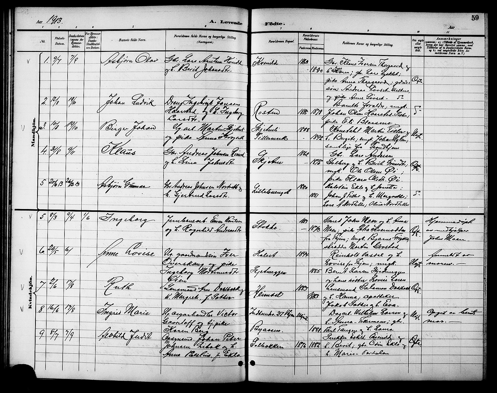 Ministerialprotokoller, klokkerbøker og fødselsregistre - Sør-Trøndelag, SAT/A-1456/621/L0460: Parish register (copy) no. 621C03, 1896-1914, p. 59