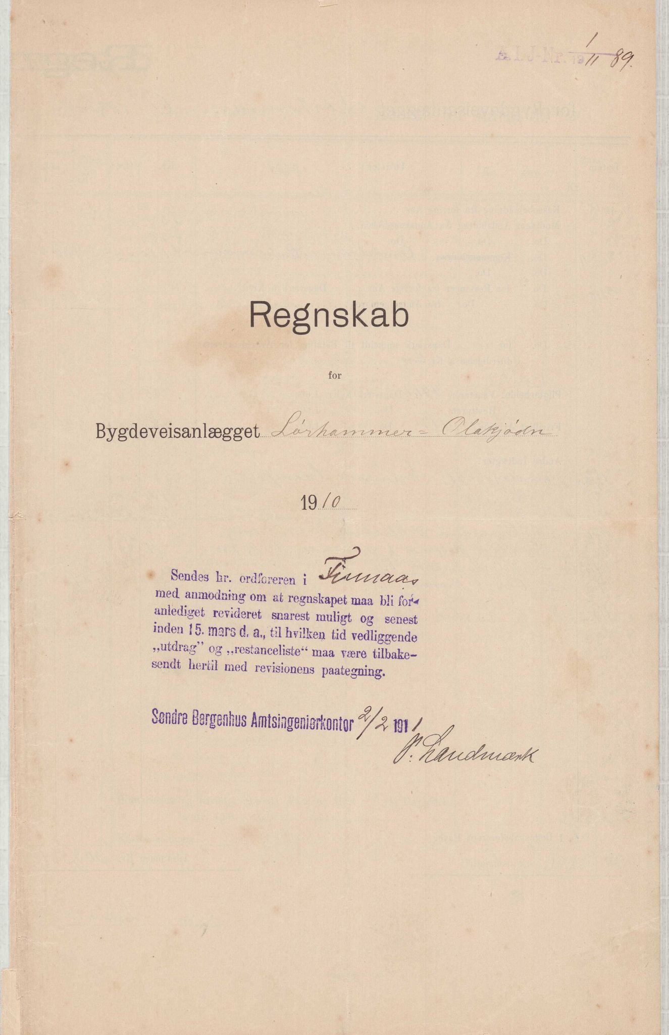 Finnaas kommune. Formannskapet, IKAH/1218a-021/E/Ea/L0001/0003: Rekneskap for veganlegg / Rekneskap for veganlegget Laurhammer - Olakjødn, 1909-1911, p. 24