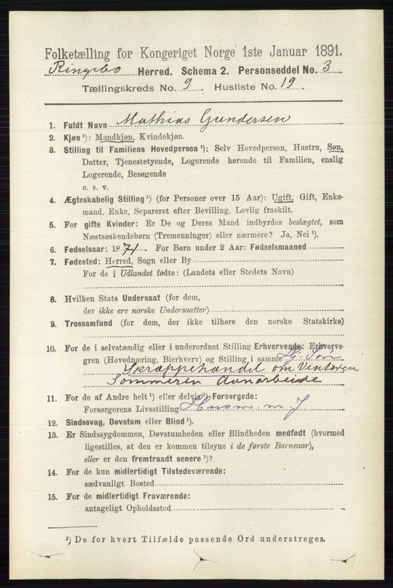 RA, 1891 census for 0520 Ringebu, 1891, p. 4357