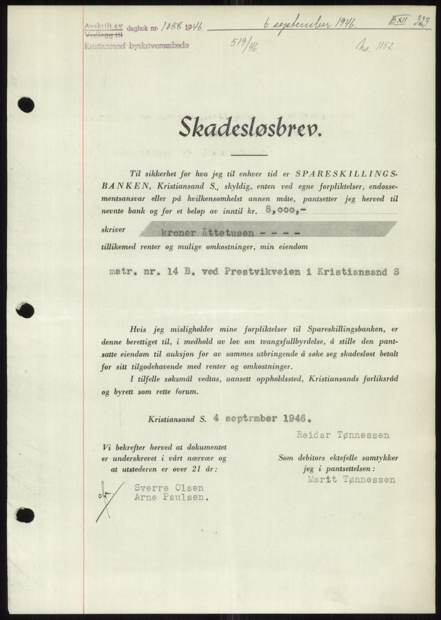 Kristiansand byrett, AV/SAK-1223-0001/G/Gb/Gbb/L0009: Mortgage book no. B 12, 1946-1947, Diary no: : 1088/1946