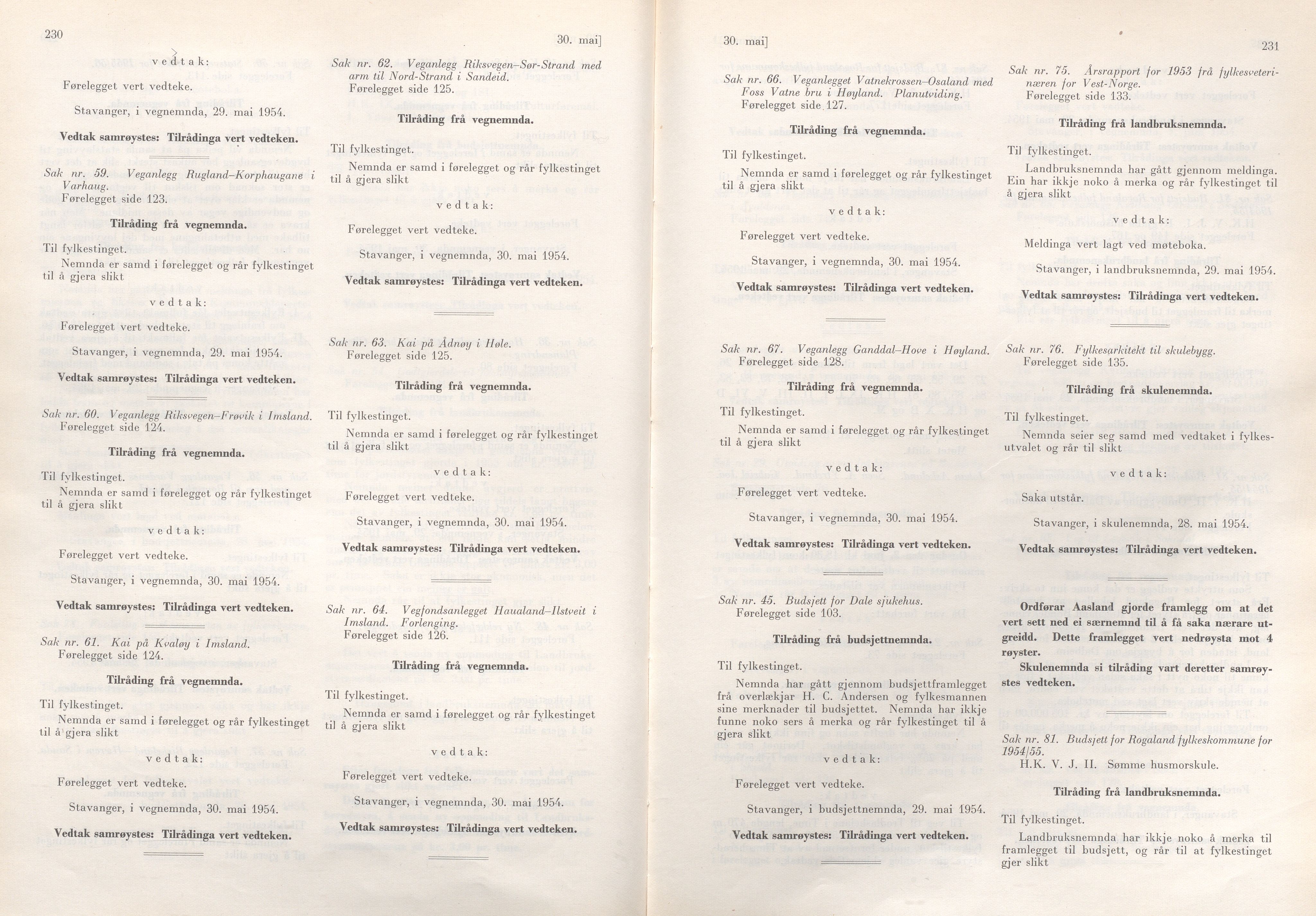 Rogaland fylkeskommune - Fylkesrådmannen , IKAR/A-900/A/Aa/Aaa/L0073: Møtebok , 1954, p. 230-231