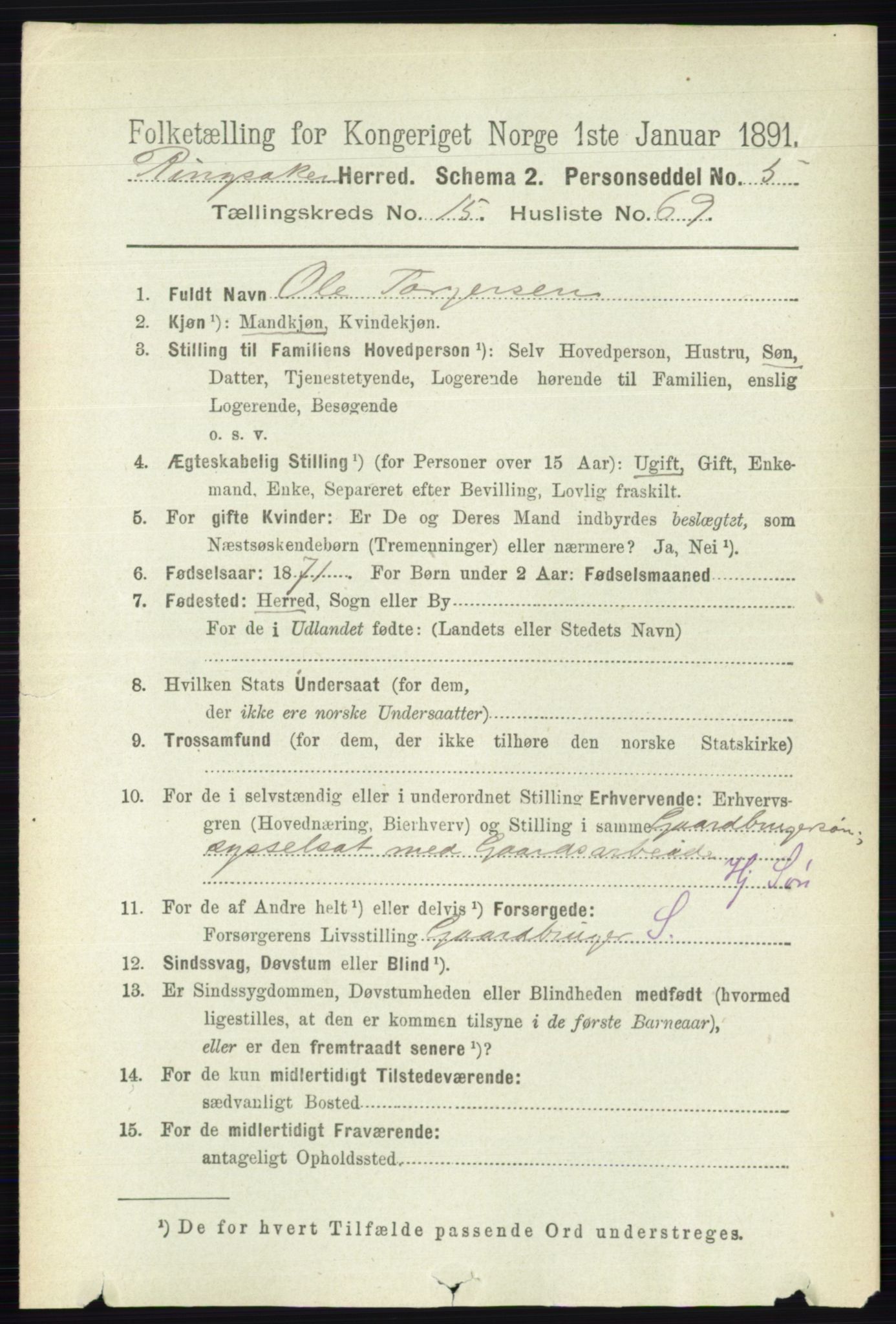 RA, 1891 census for 0412 Ringsaker, 1891, p. 8910