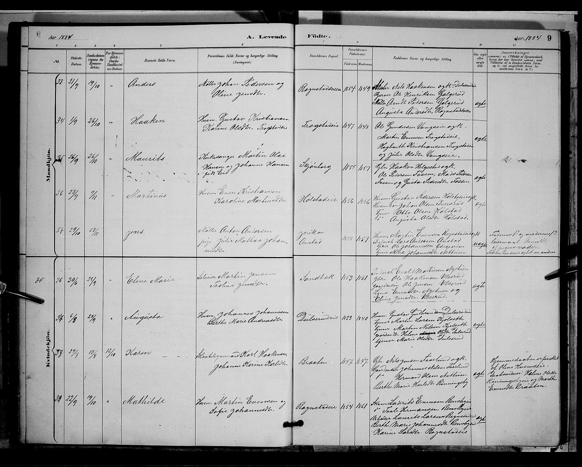 Østre Toten prestekontor, AV/SAH-PREST-104/H/Ha/Hab/L0005: Parish register (copy) no. 5, 1884-1893, p. 9