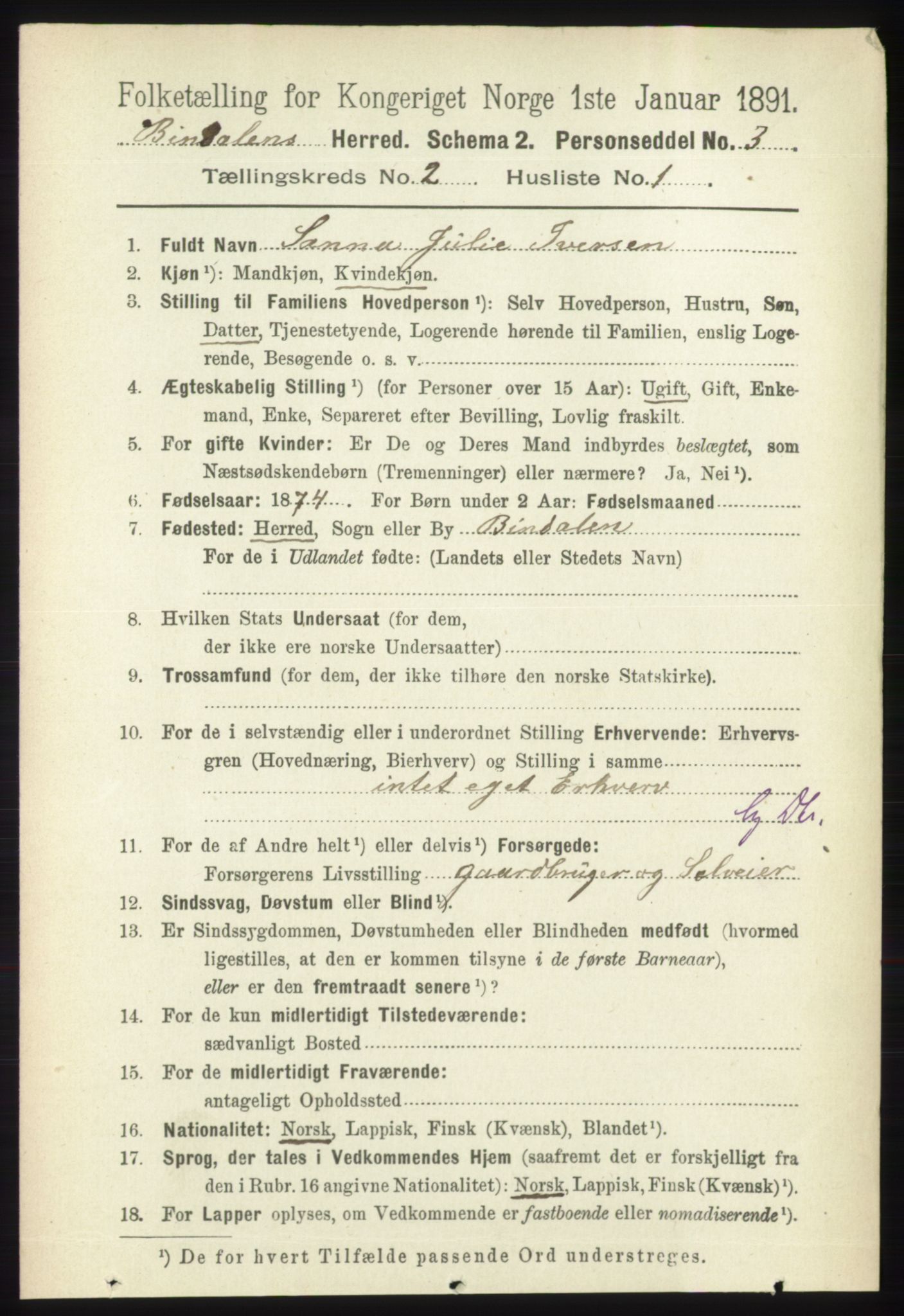 RA, 1891 census for 1811 Bindal, 1891, p. 282