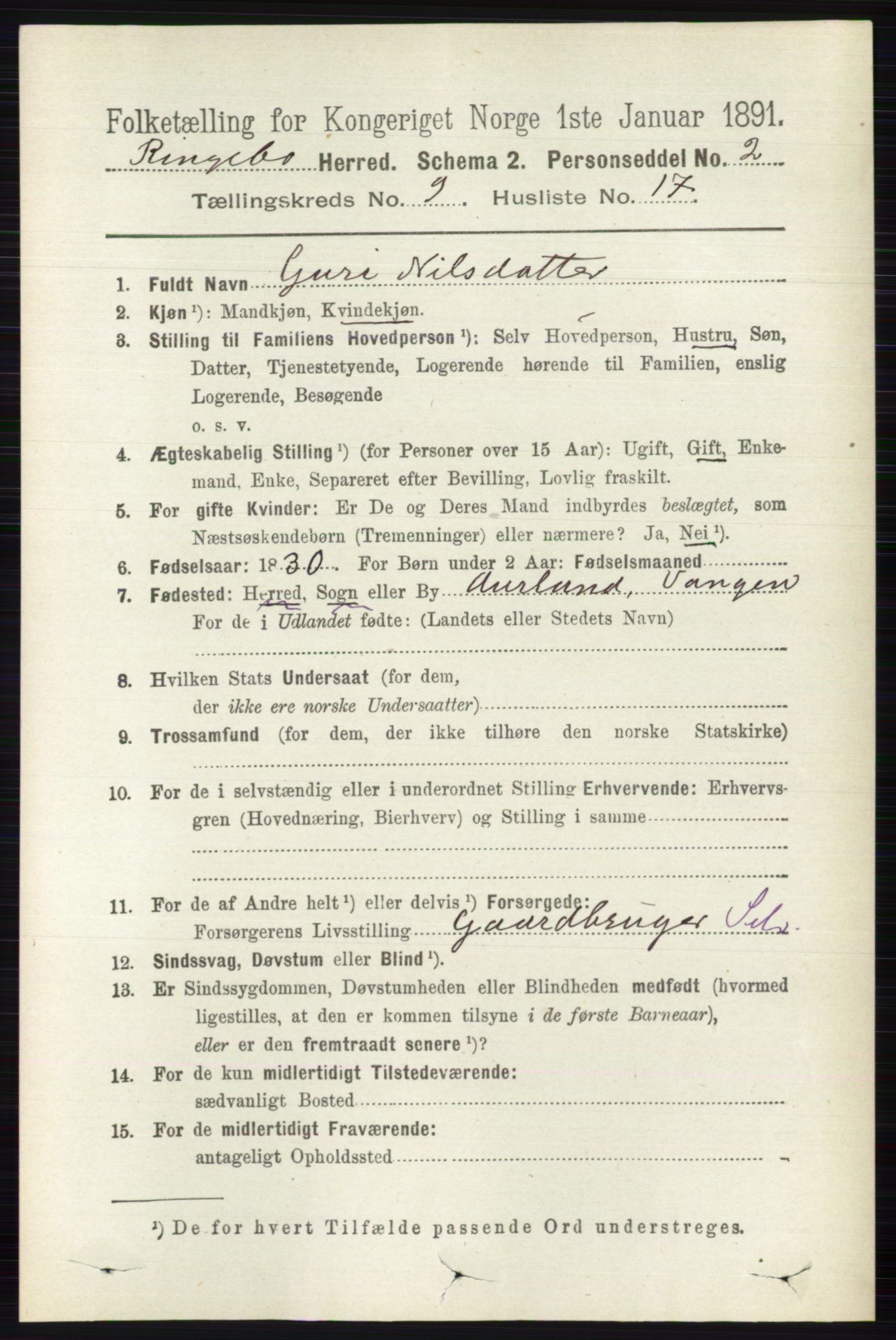 RA, 1891 census for 0520 Ringebu, 1891, p. 4348