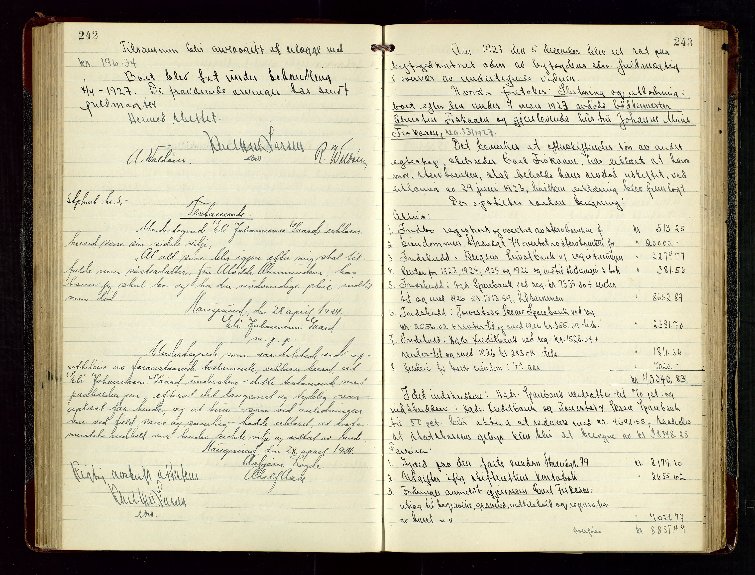 Haugesund tingrett, AV/SAST-A-101415/01/IV/IVD/L0004: Skifteutlodningsprotokoll, med register, 1924-1931, p. 242-243