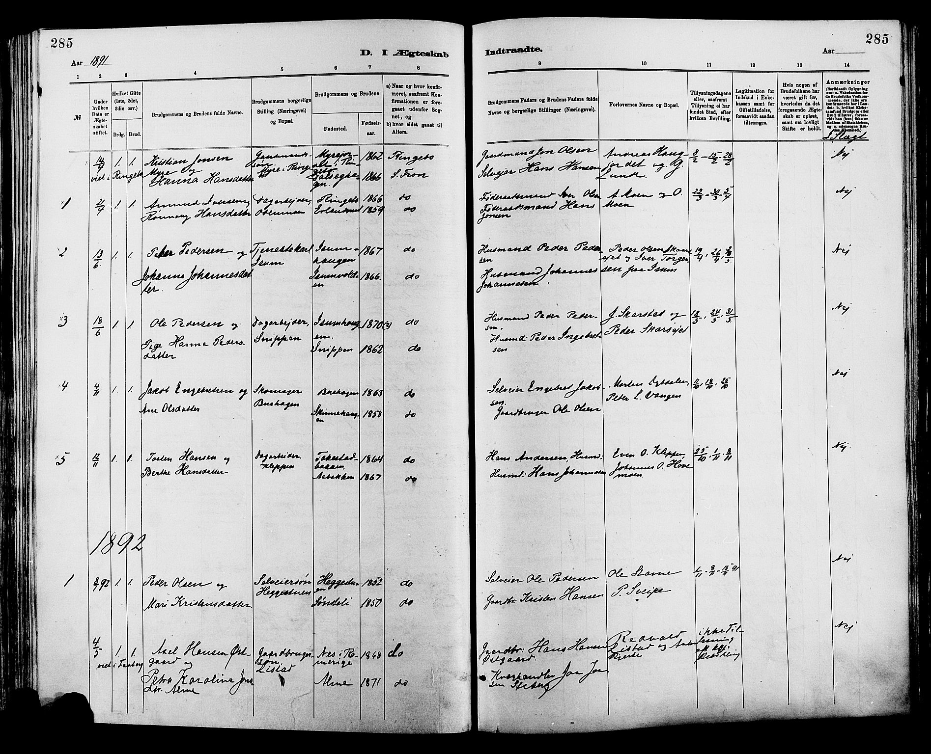 Sør-Fron prestekontor, SAH/PREST-010/H/Ha/Haa/L0003: Parish register (official) no. 3, 1881-1897, p. 285