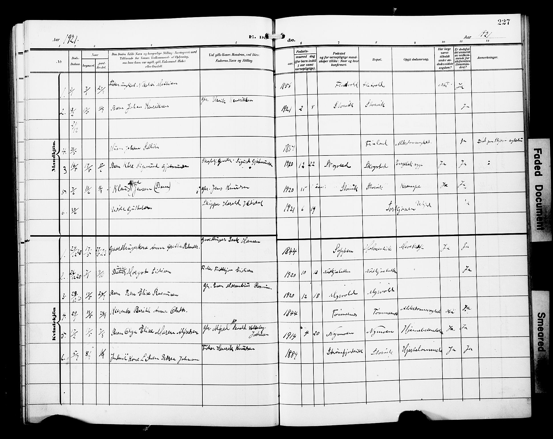 Skjervøy sokneprestkontor, SATØ/S-1300/H/Ha/Hab/L0022klokker: Parish register (copy) no. 22, 1910-1926, p. 227