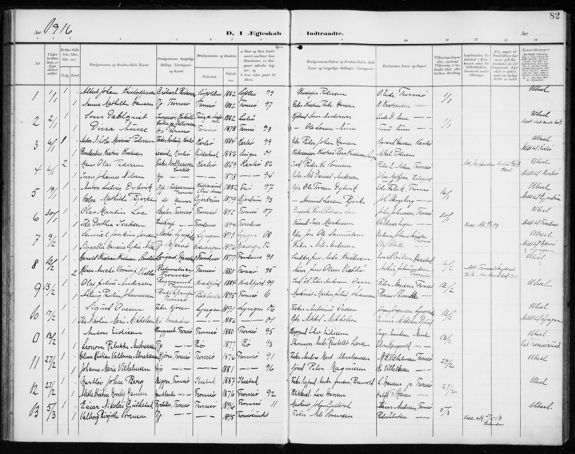 Tromsø sokneprestkontor/stiftsprosti/domprosti, AV/SATØ-S-1343/G/Ga/L0018kirke: Parish register (official) no. 18, 1907-1917, p. 82