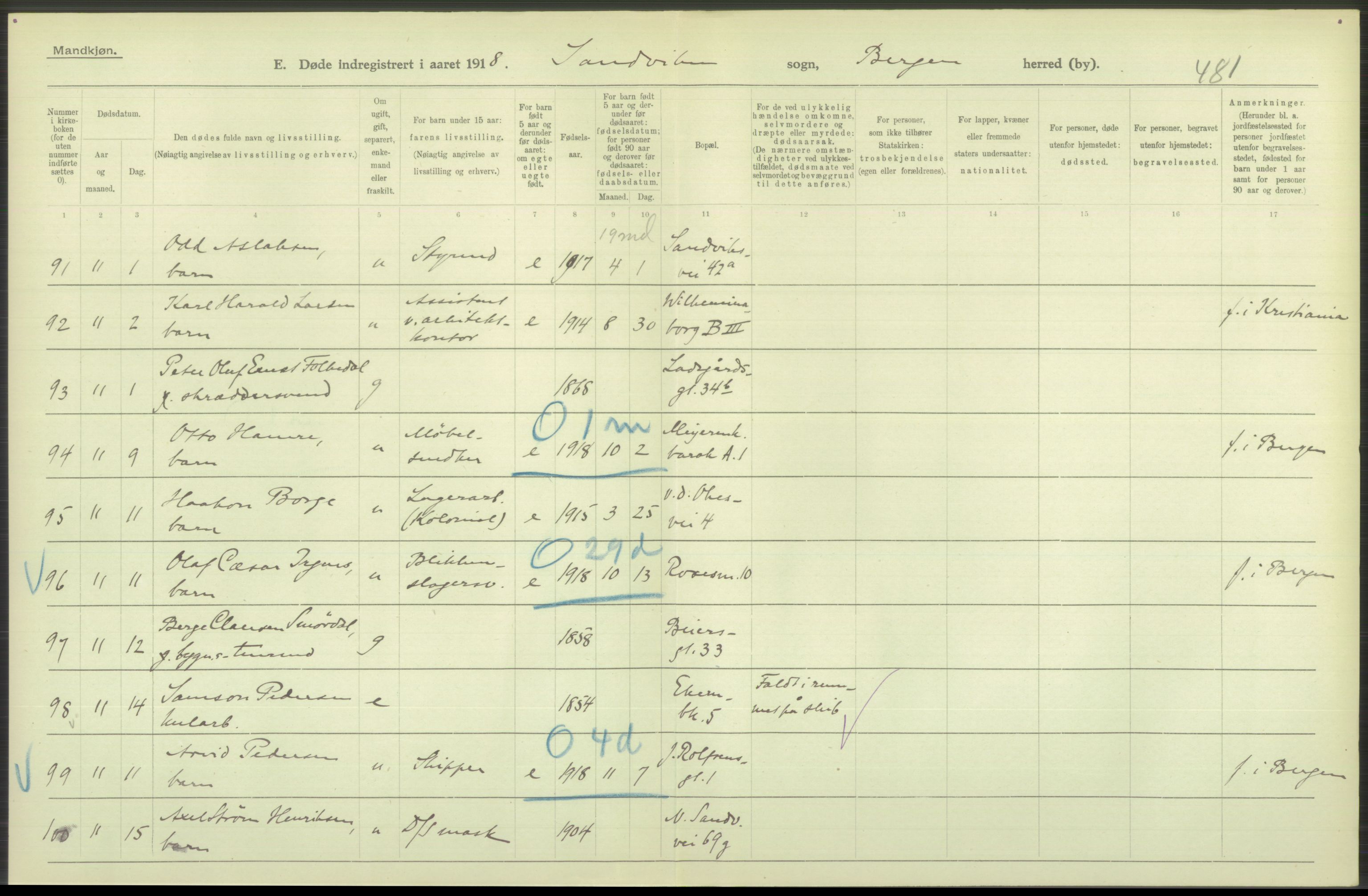 Statistisk sentralbyrå, Sosiodemografiske emner, Befolkning, RA/S-2228/D/Df/Dfb/Dfbh/L0039: Bergen: Døde., 1918, p. 136